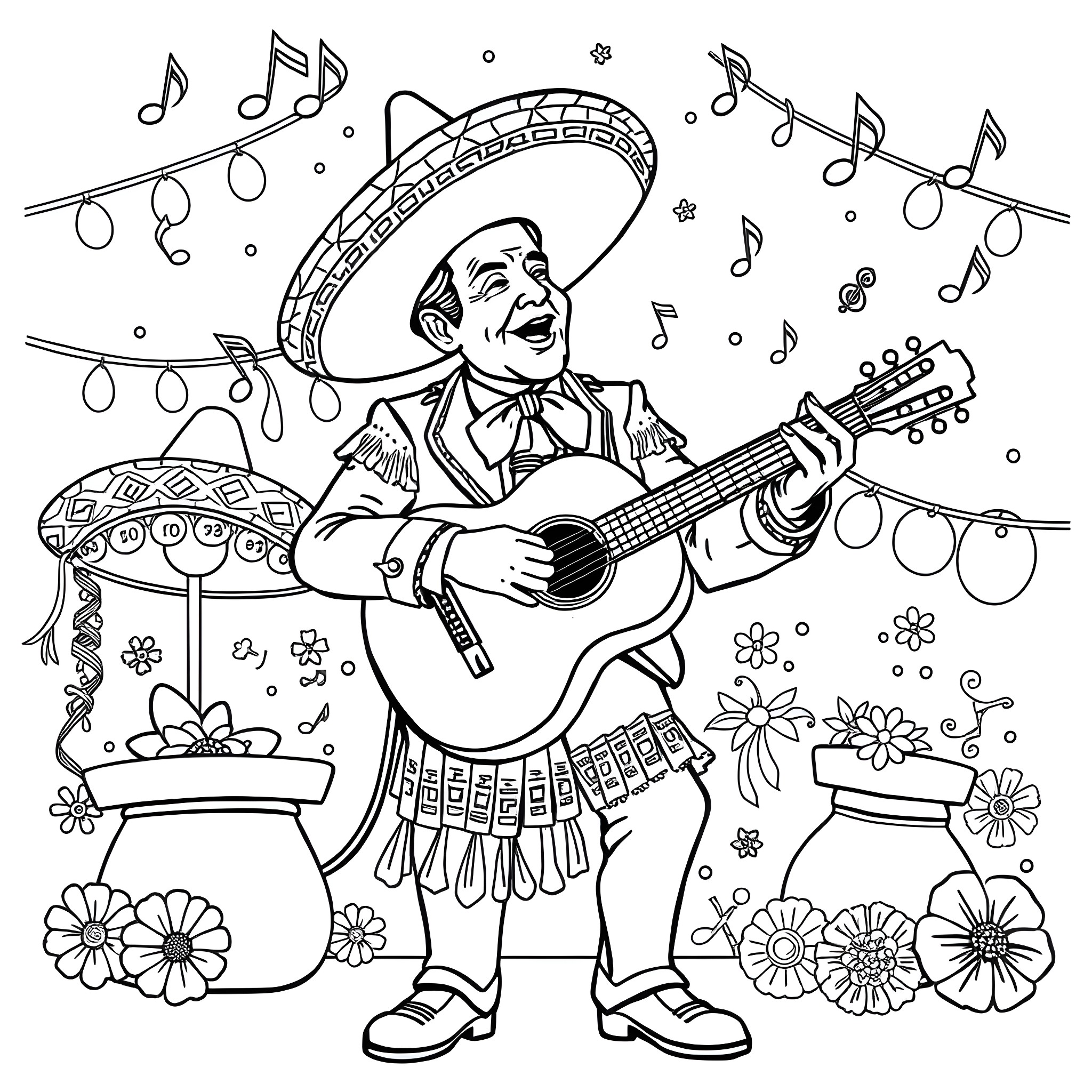 Mariachi musician playing guitar in festive setting Coloring Page (free black-and-white line drawing printable PDF for all, from beginners to advanced learners, including children, teens, adults, and seniors)