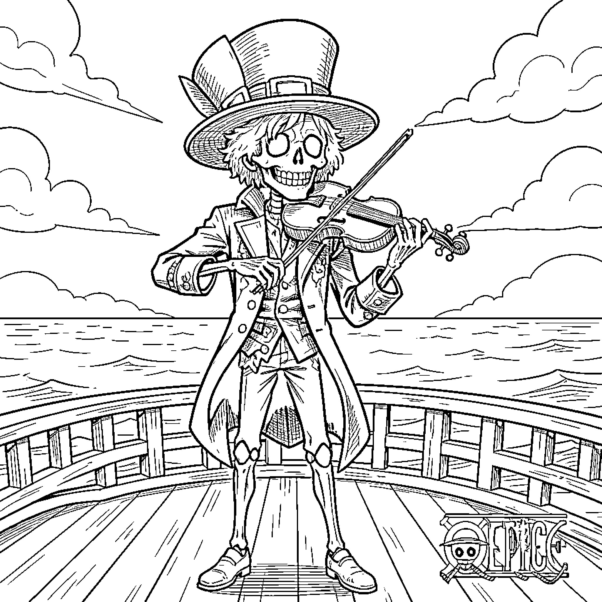 Brook, the Skeleton Musician Playing the Violin on a Wooden Dock Coloring Page (free black-and-white line drawing printable PDF for all, from beginners to advanced learners, including children, teens, adults, and seniors)