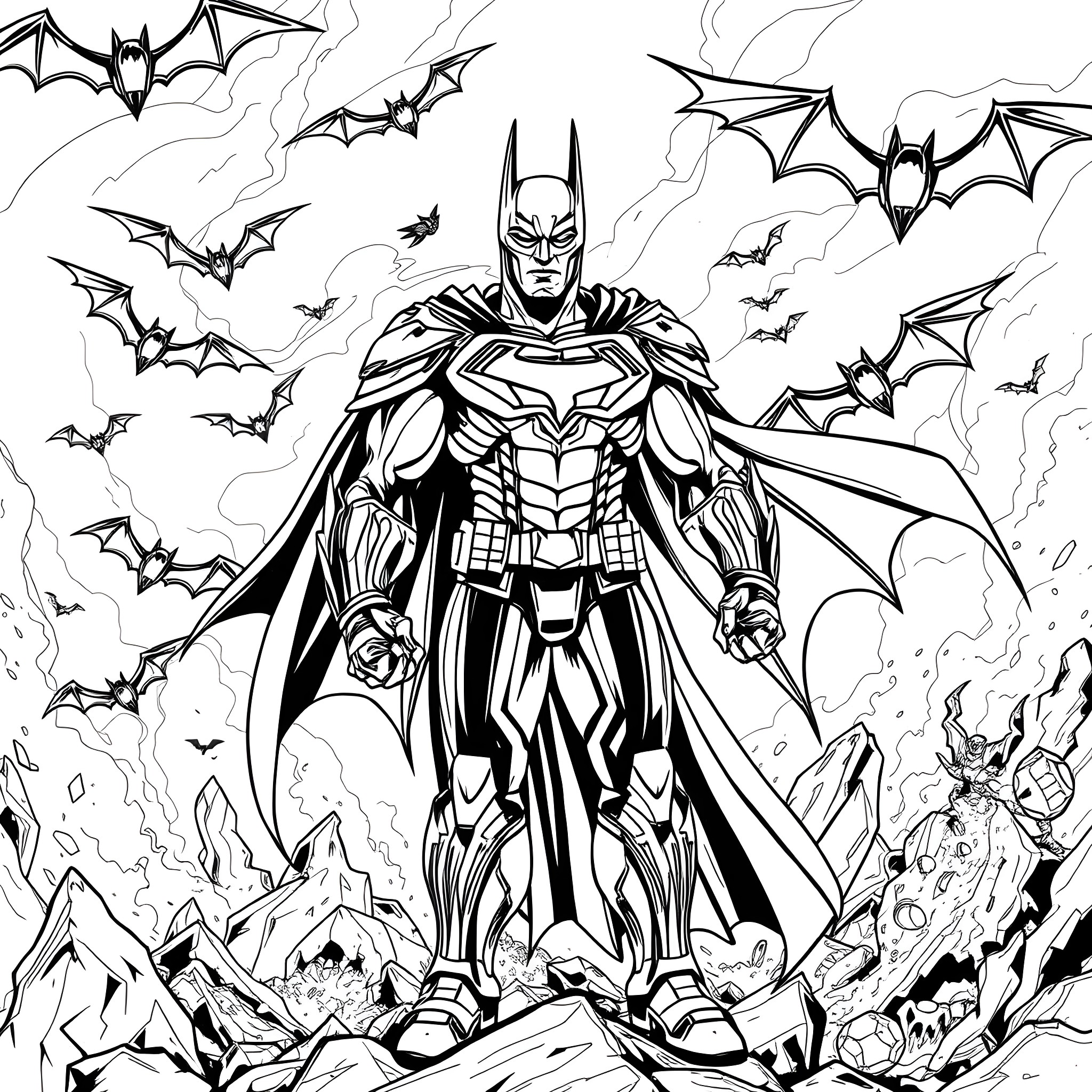 Hulk Buster Stands Tall Against Swarm of Bats Coloring Page (free black-and-white line drawing printable PDF for all, from beginners to advanced learners, including children, teens, adults, and seniors)