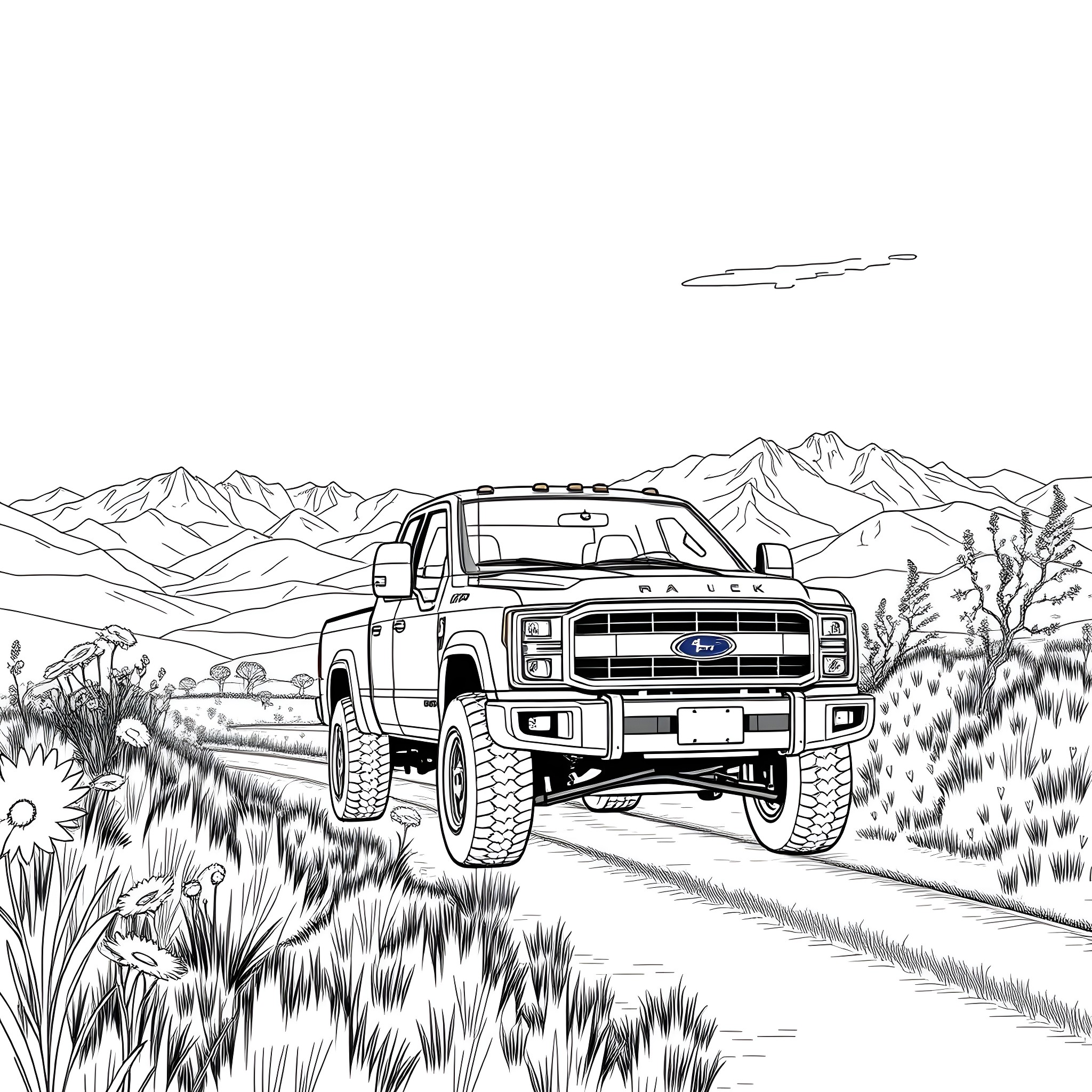 Pick Up Truck Traversing Rugged Landscape Coloring Page (free black-and-white line drawing printable PDF for all, from beginners to advanced learners, including children, teens, adults, and seniors)