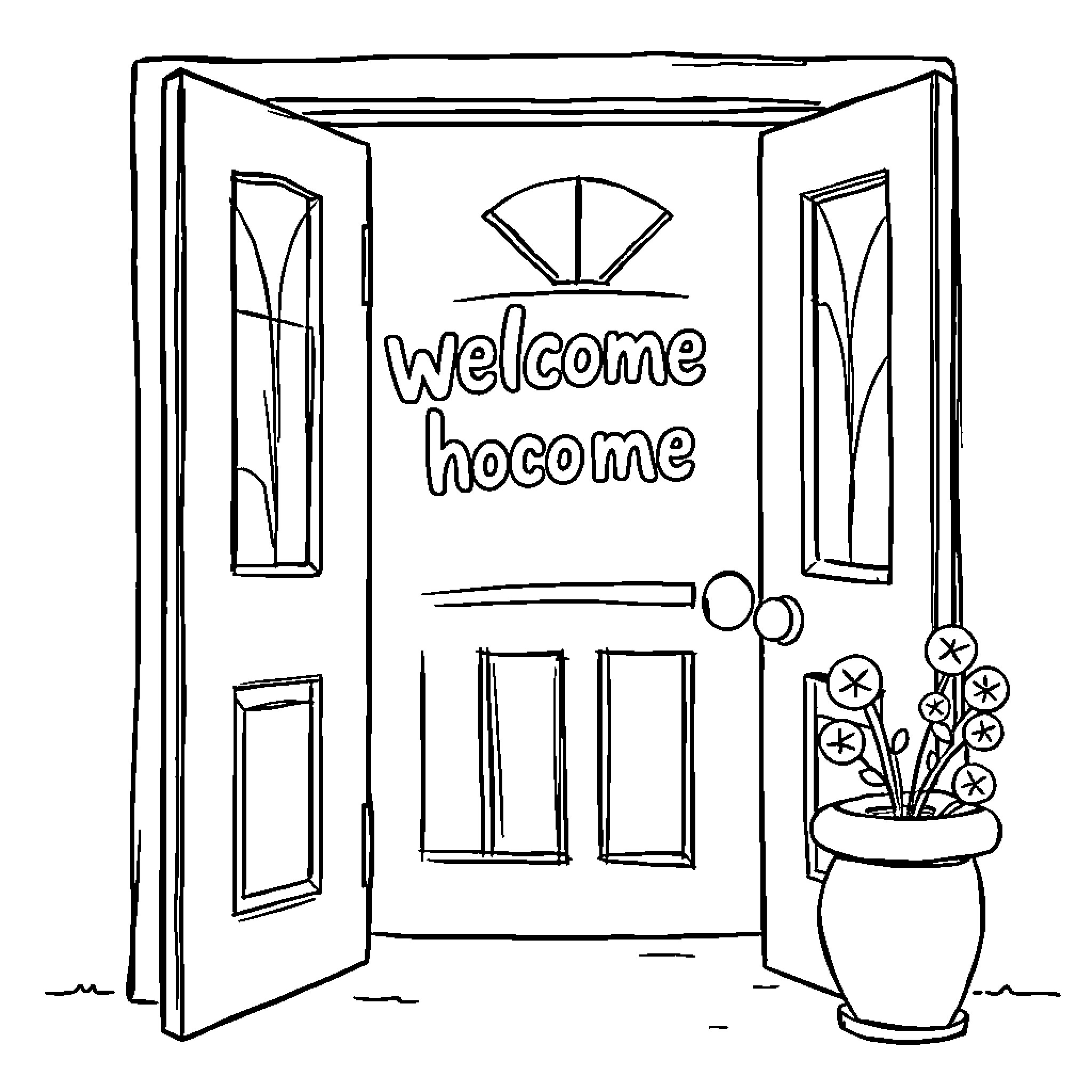 Brother welcomes home with open door Coloring Page (free black-and-white line drawing printable PDF for all, from beginners to advanced learners, including children, teens, adults, and seniors)