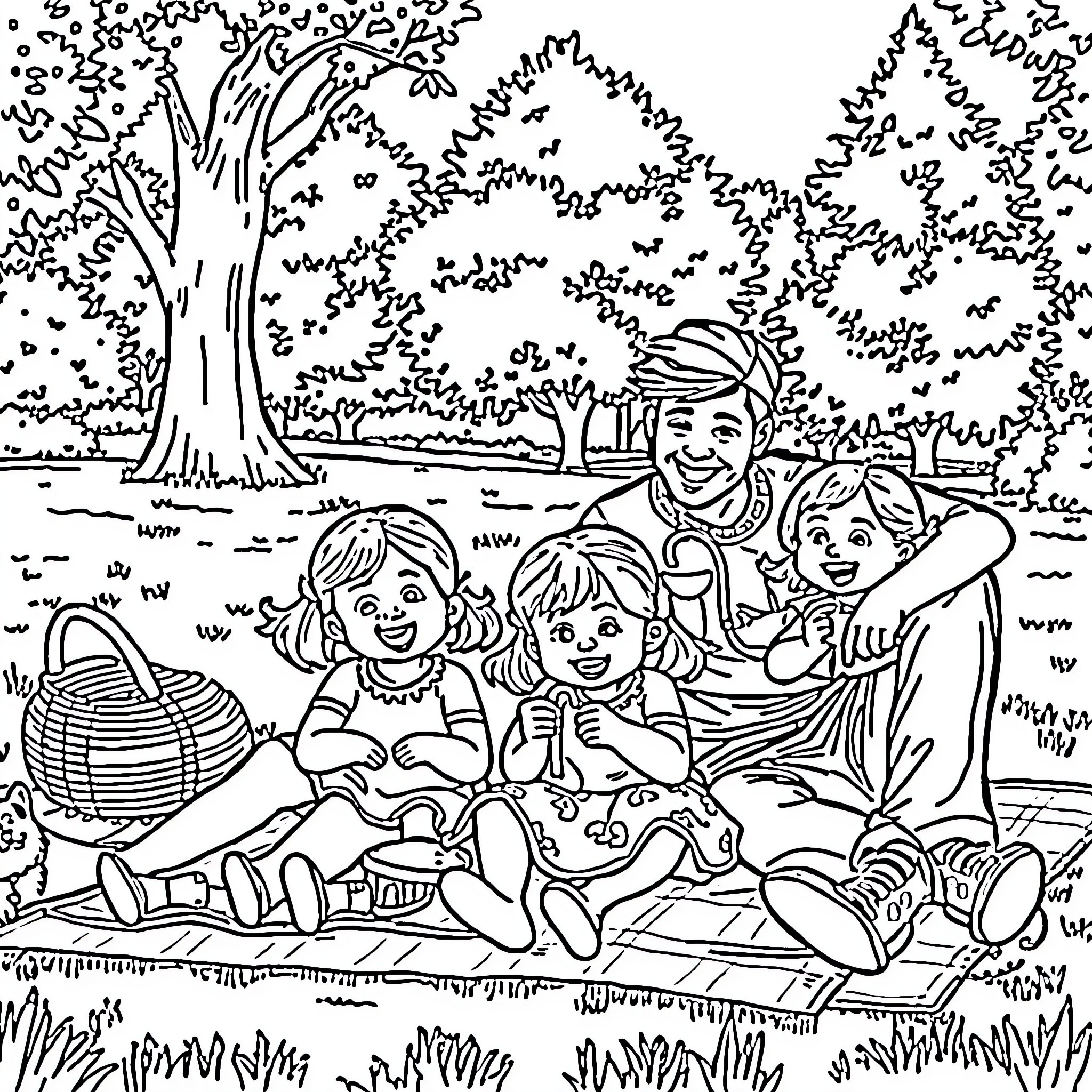 Family Picnicking in the Peaceful Outdoors Coloring Page (free black-and-white line drawing printable PDF for all, from beginners to advanced learners, including children, teens, adults, and seniors)
