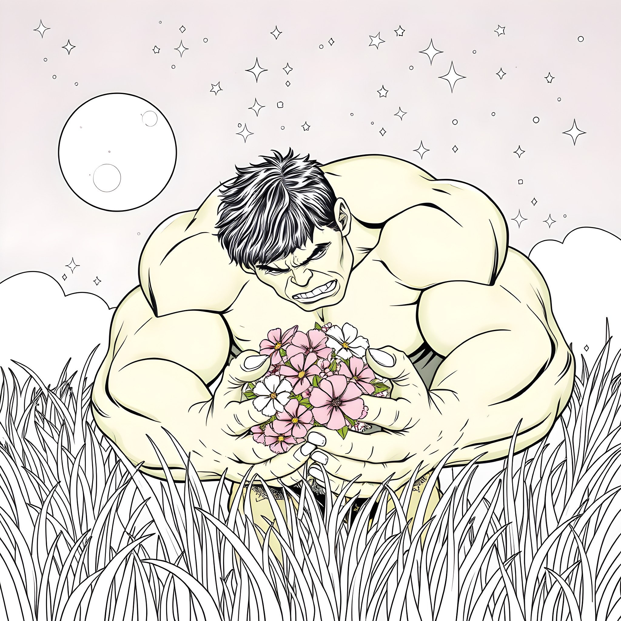Hulk Cherishing Beautiful Flowers in Starry Night Coloring Page (free black-and-white line drawing printable PDF for all, from beginners to advanced learners, including children, teens, adults, and seniors)