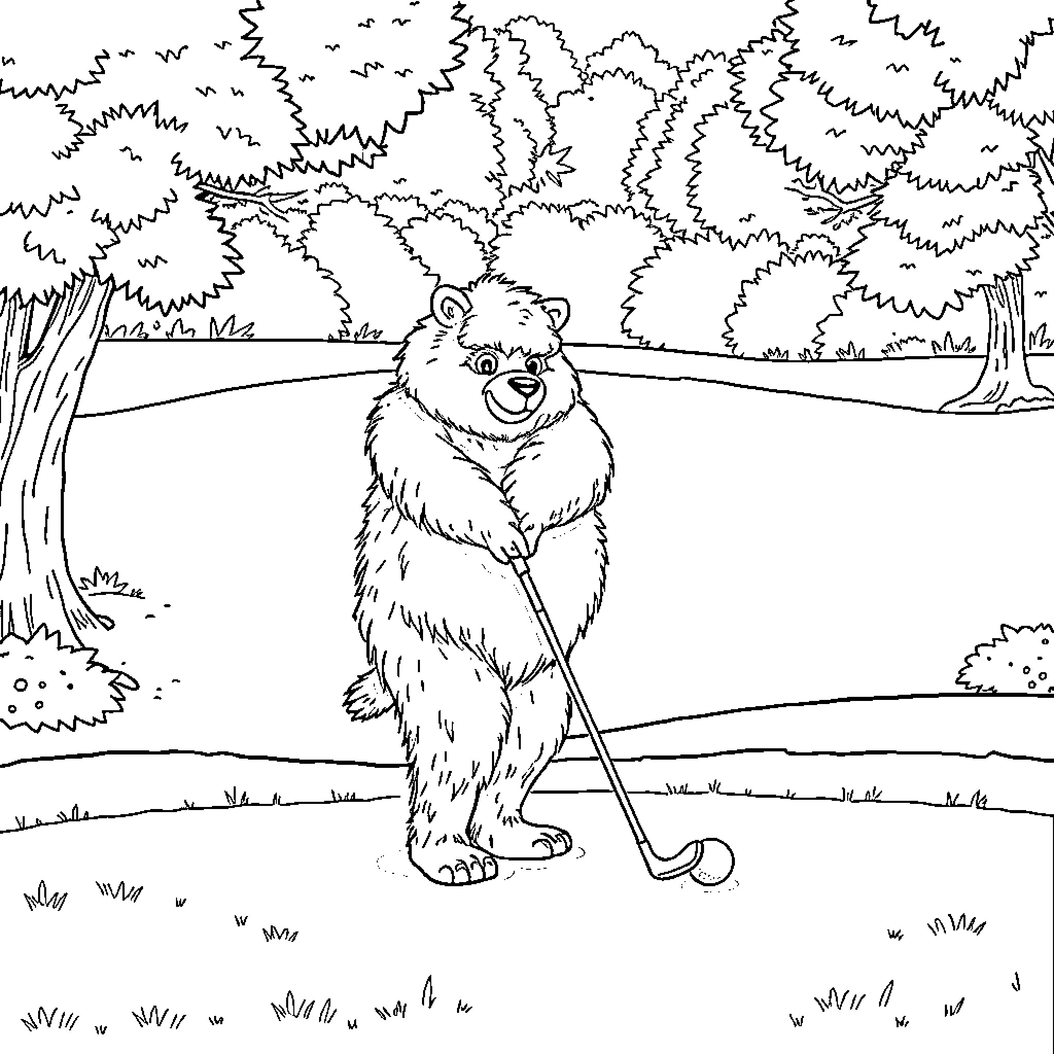 Bear playing with golf club in forest Coloring Page (free black-and-white line drawing printable PDF for all, from beginners to advanced learners, including children, teens, adults, and seniors)