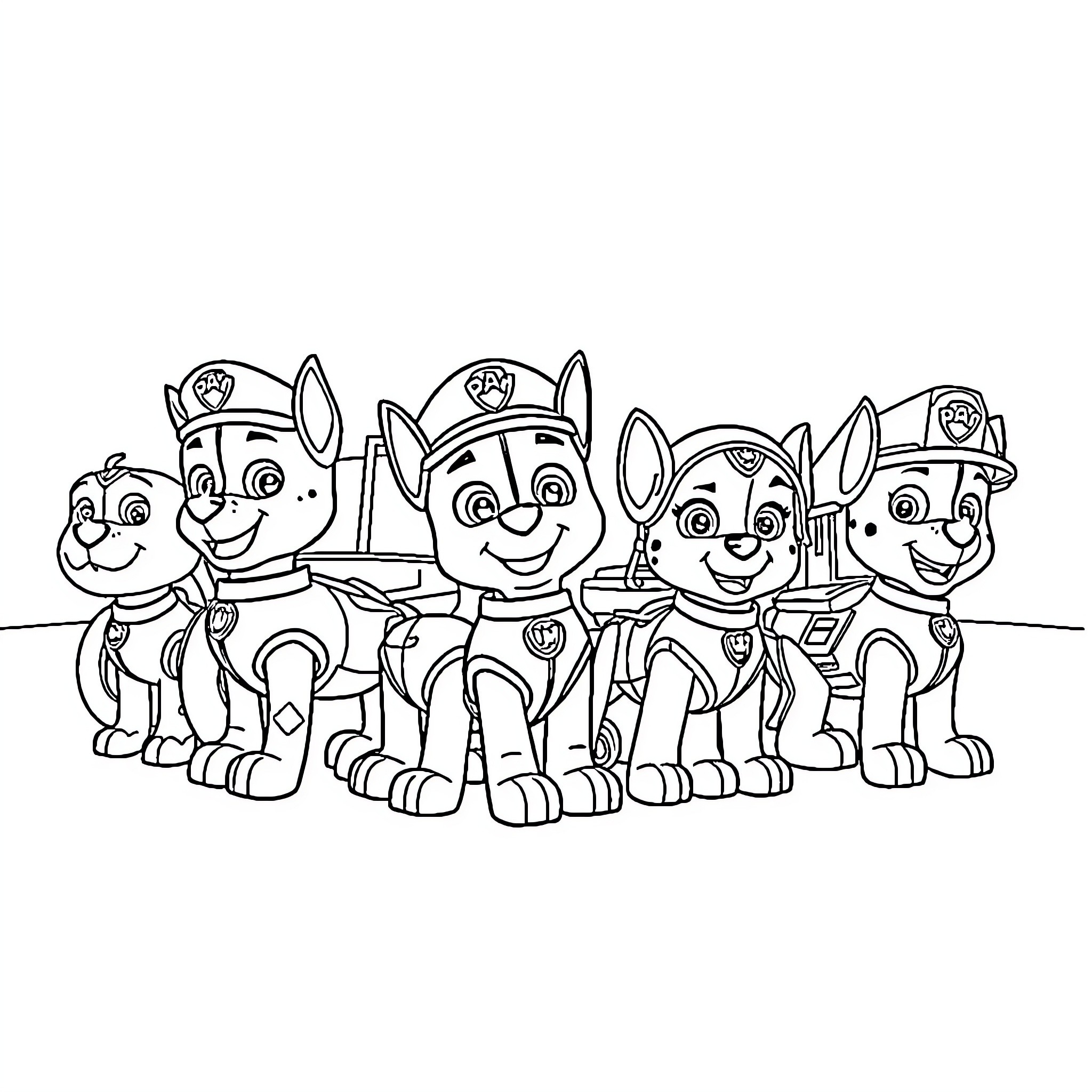 Paw Patrol pups in uniform on duty Coloring Page (free black-and-white line drawing printable PDF for all, from beginners to advanced learners, including children, teens, adults, and seniors)