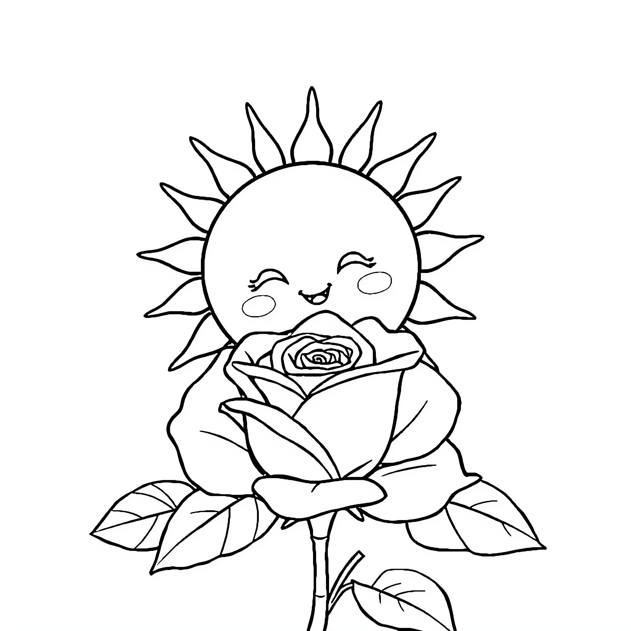 Sun smiling with a rose Coloring Page (free black-and-white line drawing printable PDF for all, from beginners to advanced learners, including children, teens, adults, and seniors)