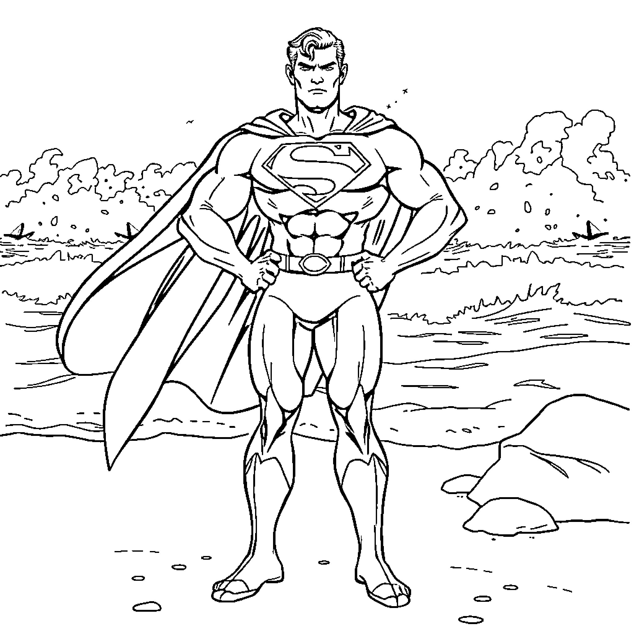 Superman standing heroically in the outdoors Coloring Page (free black-and-white line drawing printable PDF for all, from beginners to advanced learners, including children, teens, adults, and seniors)