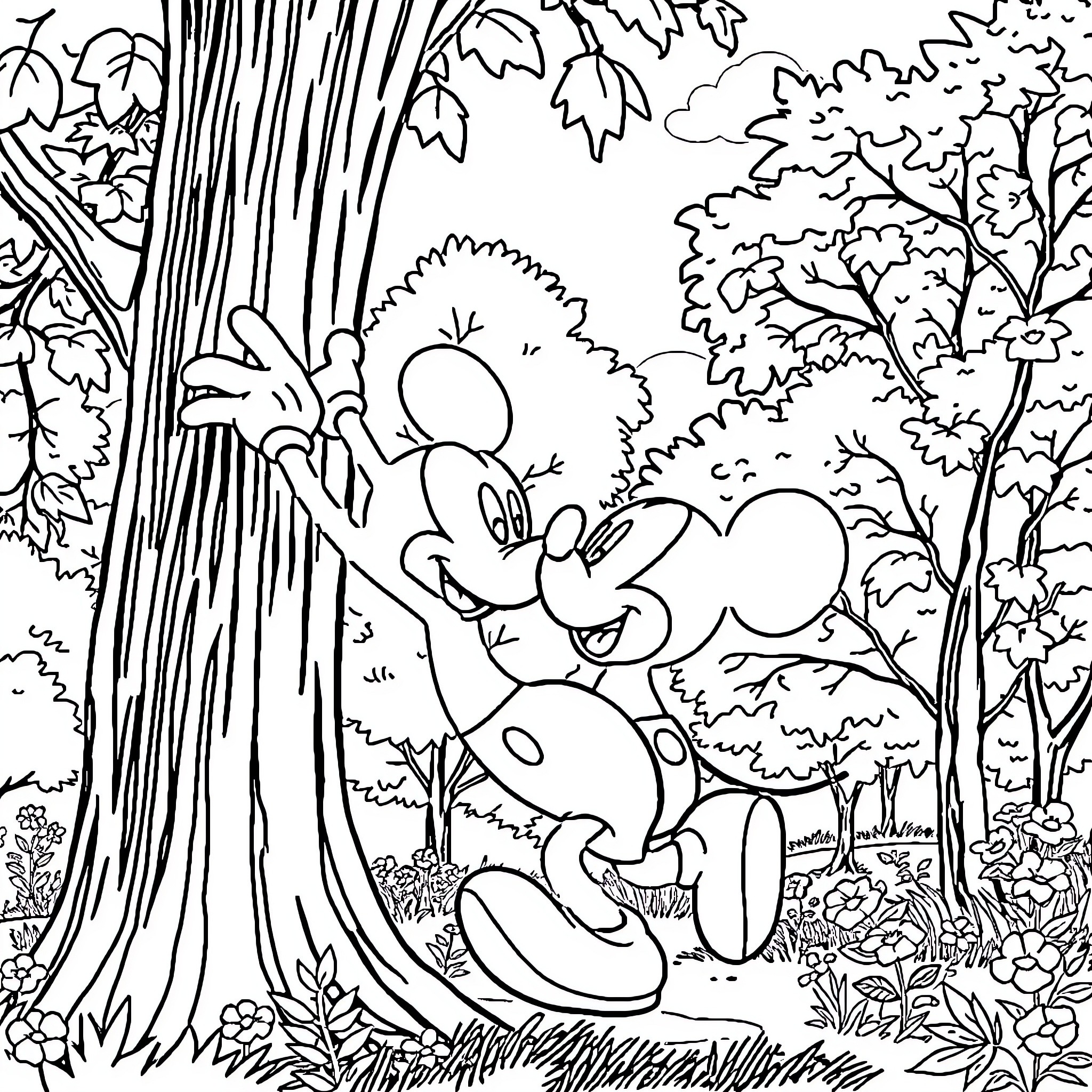 Mickey Mouse enjoying nature in the forest Coloring Page (free black-and-white line drawing printable PDF for all, from beginners to advanced learners, including children, teens, adults, and seniors)