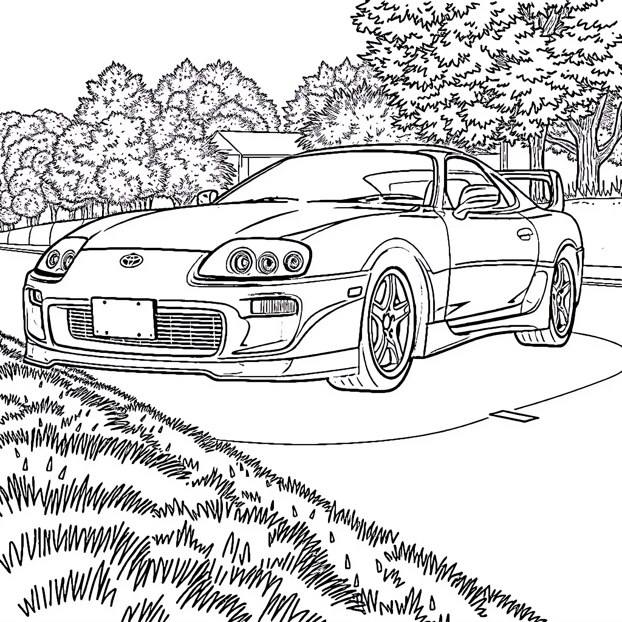 Supra sports car zooming through nature Coloring Page (free black-and-white line drawing printable PDF for all, from beginners to advanced learners, including children, teens, adults, and seniors)