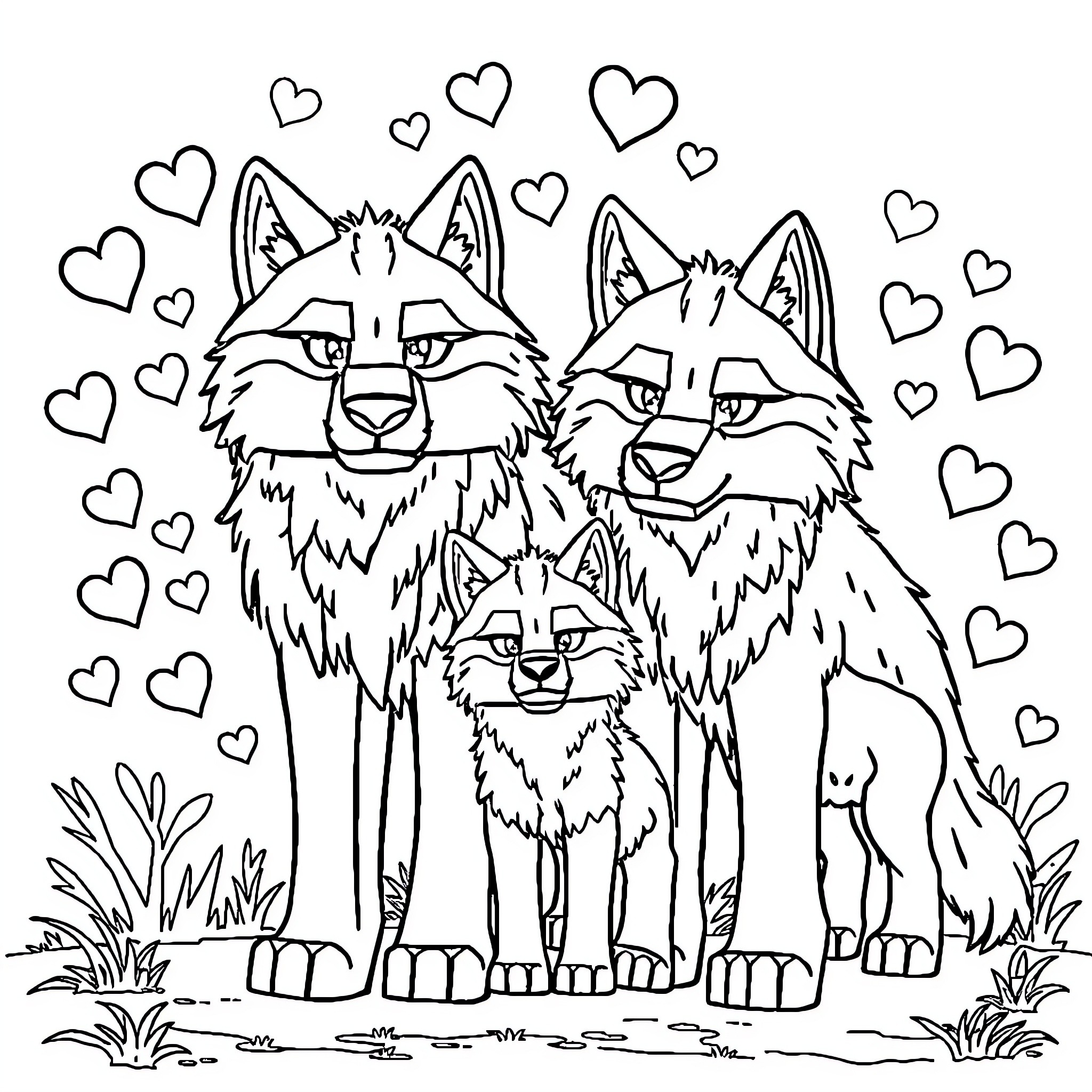 Wolf Pack Surrounded by Hearts Coloring Page (free black-and-white line drawing printable PDF for all, from beginners to advanced learners, including children, teens, adults, and seniors)