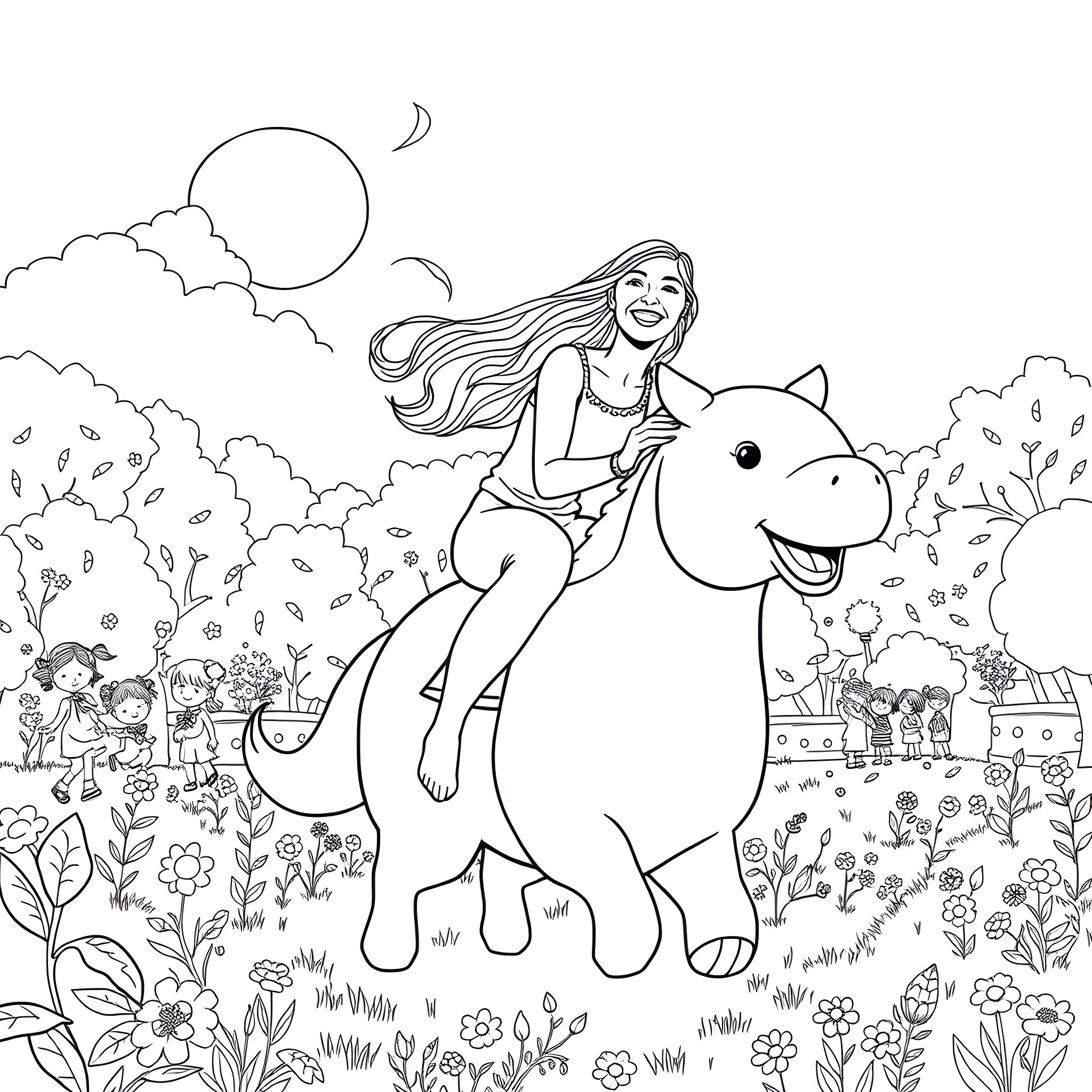 Woman riding a happy hippopotamus through a whimsical garden Coloring Page (free black-and-white line drawing printable PDF for all, from beginners to advanced learners, including children, teens, adults, and seniors)