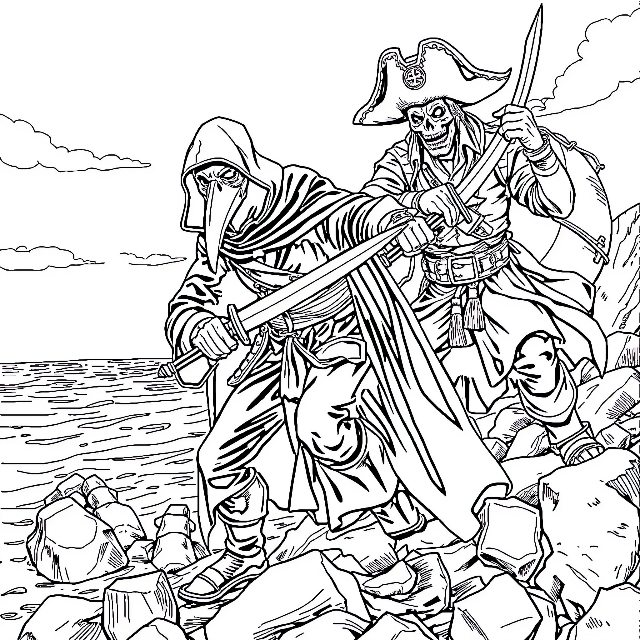 Plague Doctor Pirates Storming the Shore Coloring Page (free black-and-white line drawing printable PDF for all, from beginners to advanced learners, including children, teens, adults, and seniors)
