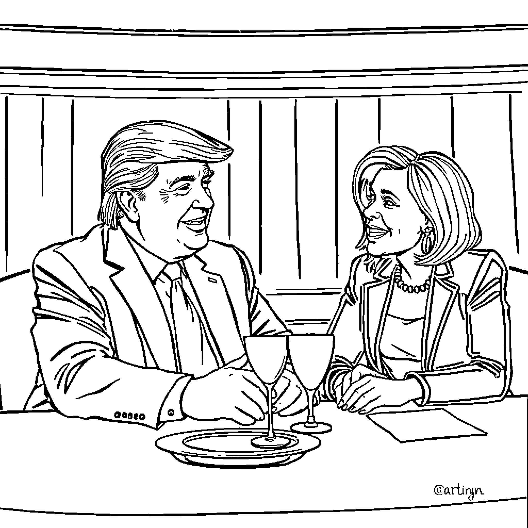 Trump and Hillary Clinton having a formal discussion Coloring Page (free black-and-white line drawing printable PDF for all, from beginners to advanced learners, including children, teens, adults, and seniors)