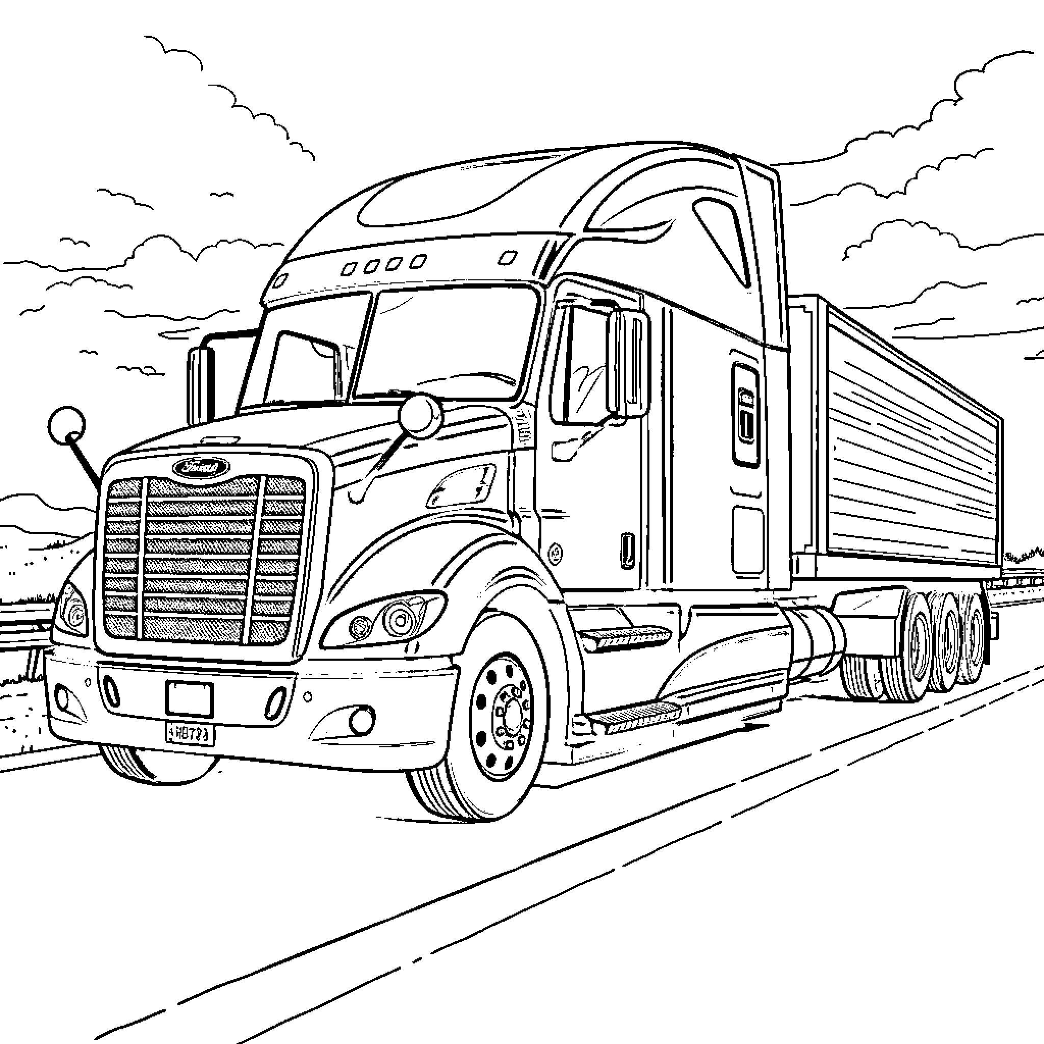 Truck transporting cargo on the highway Coloring Page (free black-and-white line drawing printable PDF for all, from beginners to advanced learners, including children, teens, adults, and seniors)