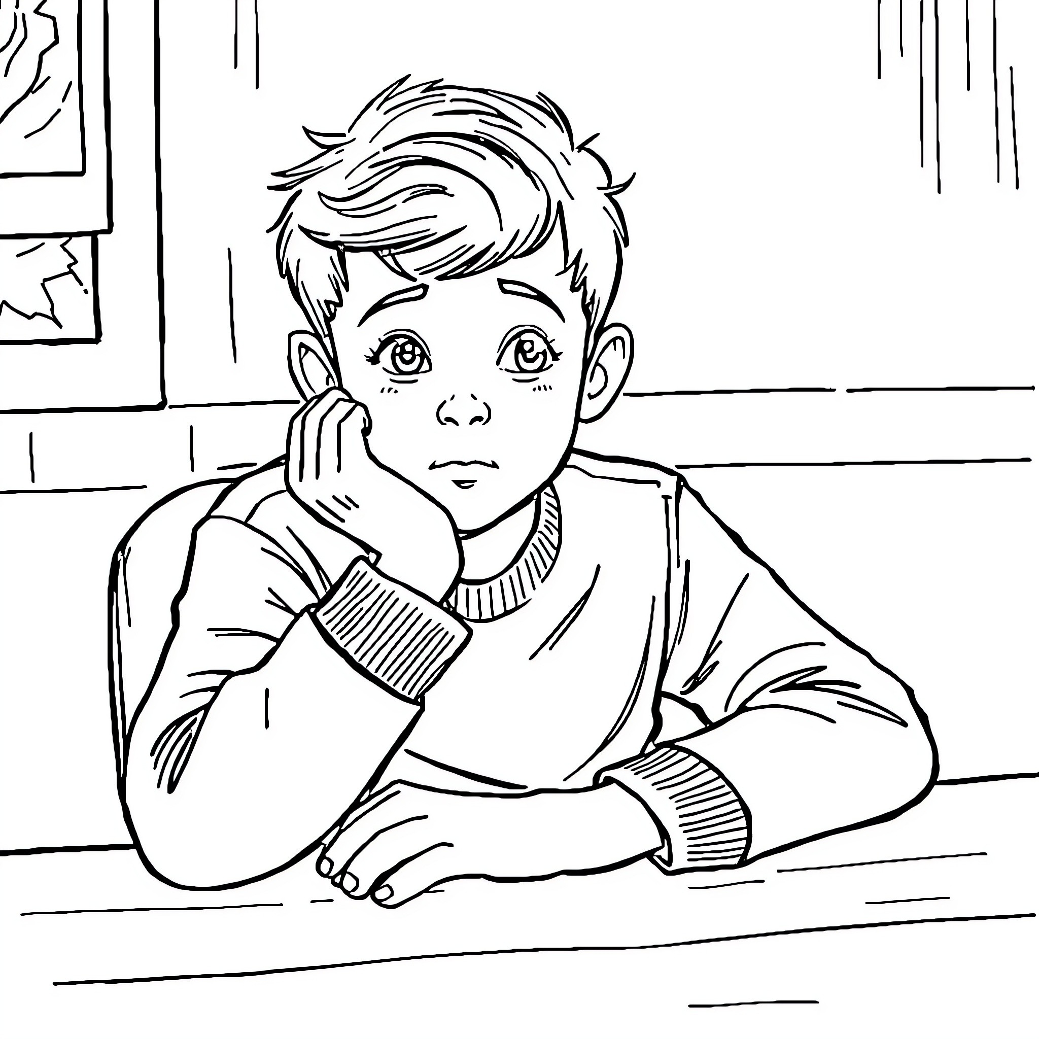 Mason ponders thoughtfully in the room Coloring Page (free black-and-white line drawing printable PDF for all, from beginners to advanced learners, including children, teens, adults, and seniors)