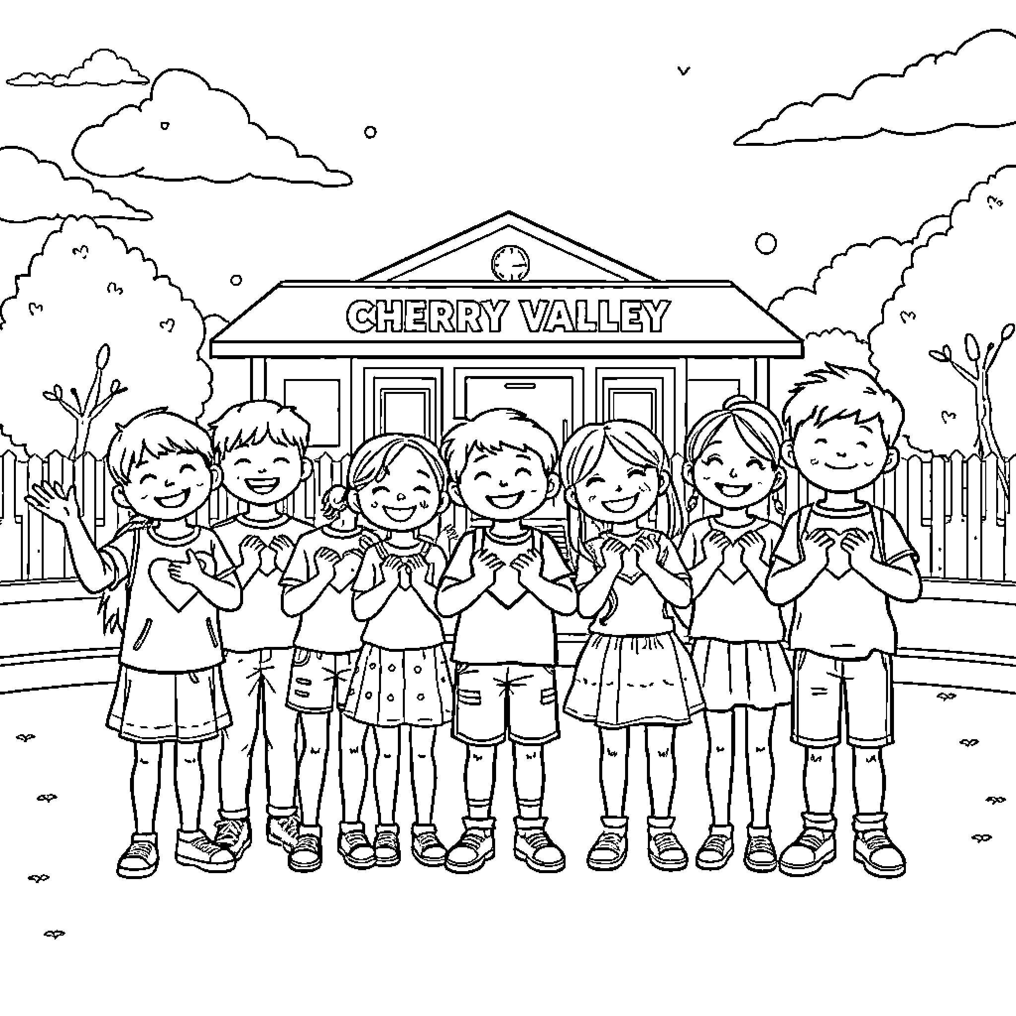 Students posing cheerfully in front of school building Coloring Page (free black-and-white line drawing printable PDF for all, from beginners to advanced learners, including children, teens, adults, and seniors)