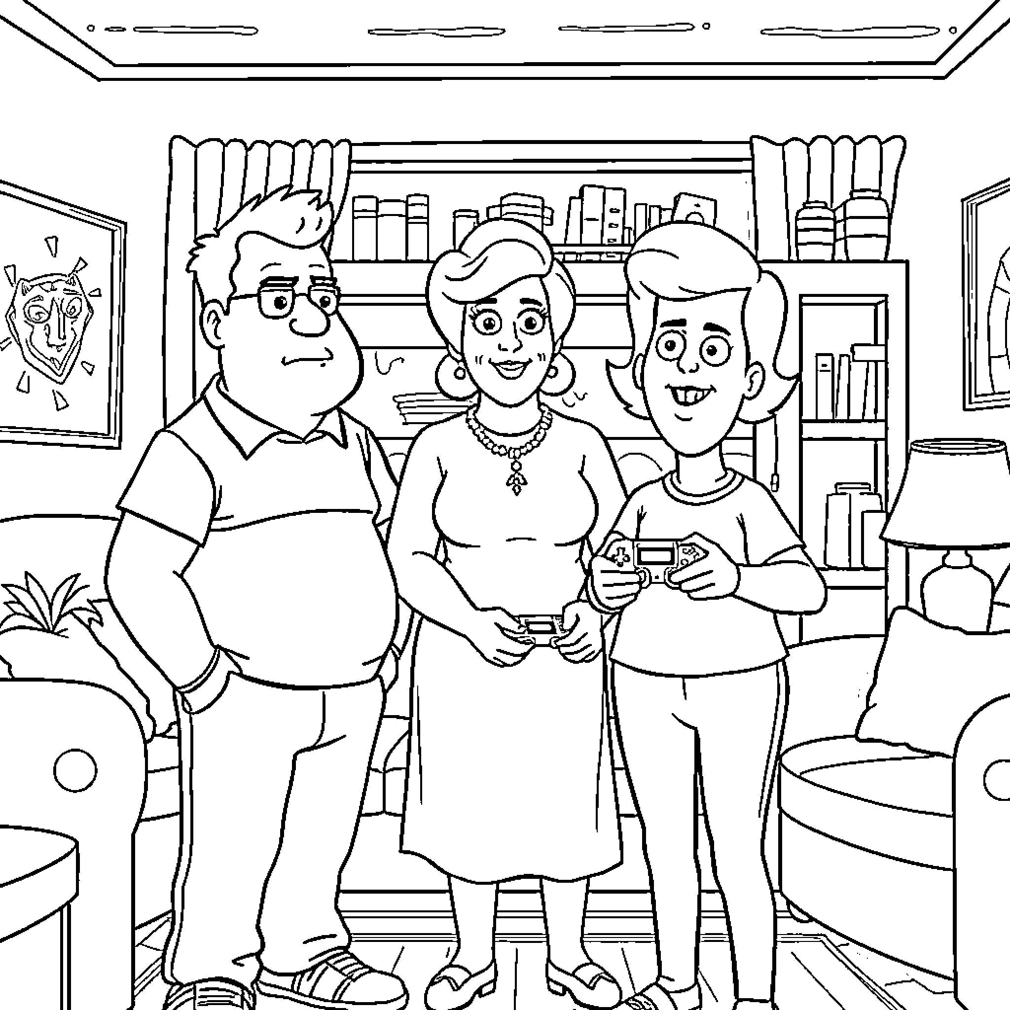 Hill Family Gathering in Living Room Coloring Page (free black-and-white line drawing printable PDF for all, from beginners to advanced learners, including children, teens, adults, and seniors)