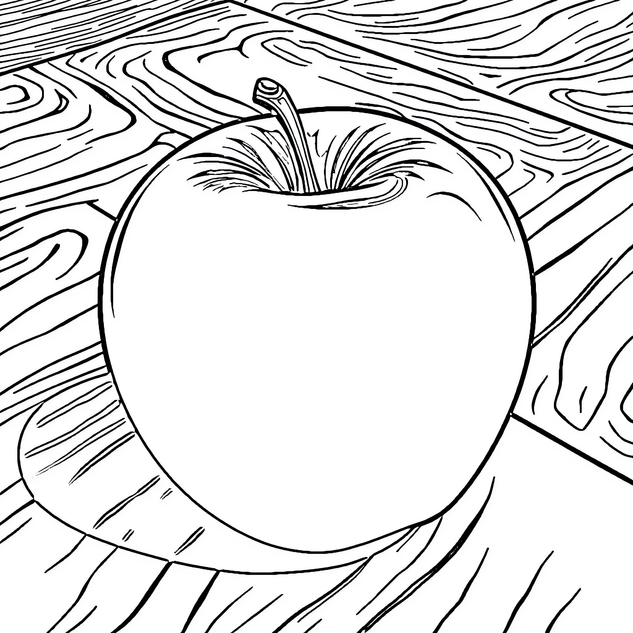 Apple on Wooden Grain Background Coloring Page (free black-and-white line drawing printable PDF for all, from beginners to advanced learners, including children, teens, adults, and seniors)