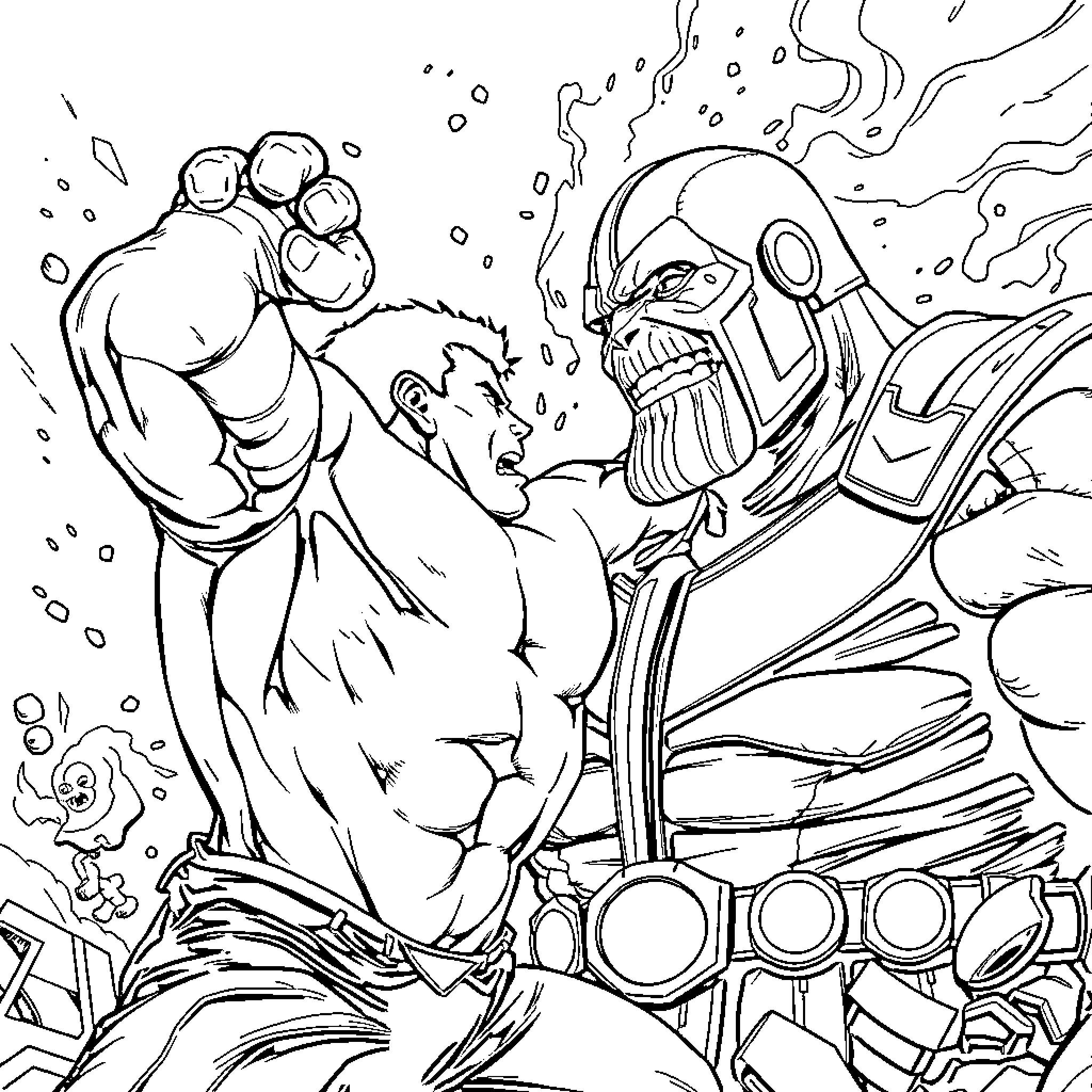 Hulk's Mighty Clash with Powerful Opponent Coloring Page (free black-and-white line drawing printable PDF for all, from beginners to advanced learners, including children, teens, adults, and seniors)