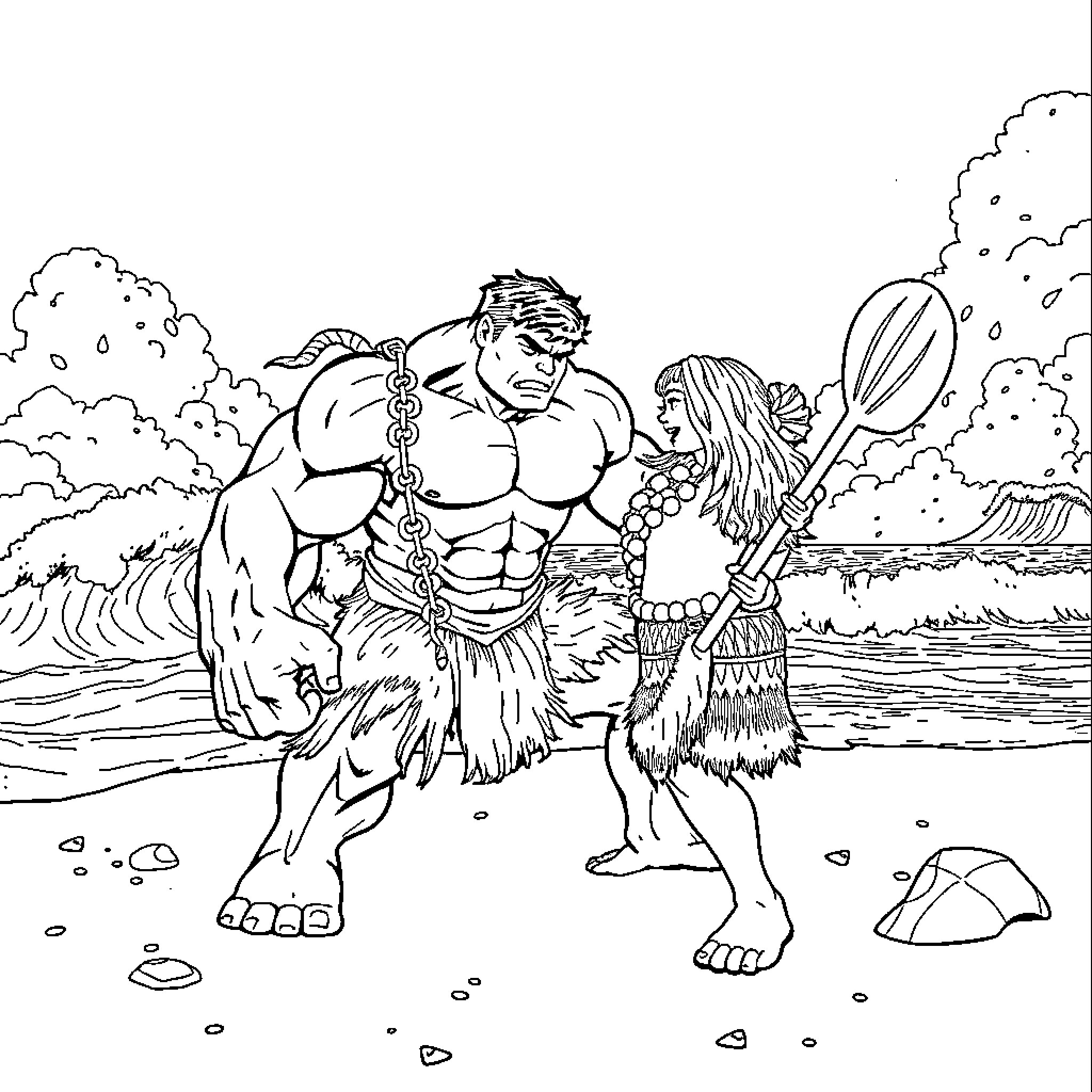 Hulk and female warrior in nature setting Coloring Page (free black-and-white line drawing printable PDF for all, from beginners to advanced learners, including children, teens, adults, and seniors)