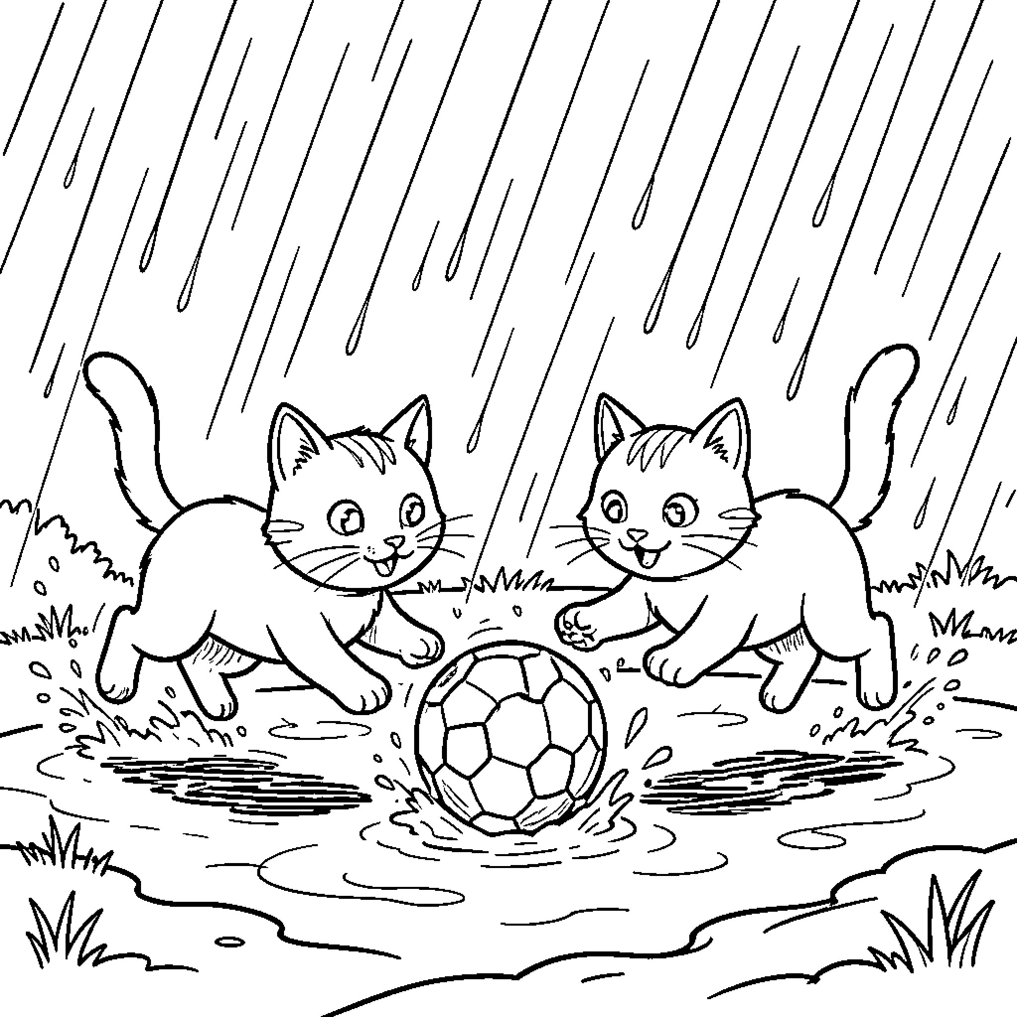 Cats playing with soccer ball in the rain Coloring Page (free black-and-white line drawing printable PDF for all, from beginners to advanced learners, including children, teens, adults, and seniors)