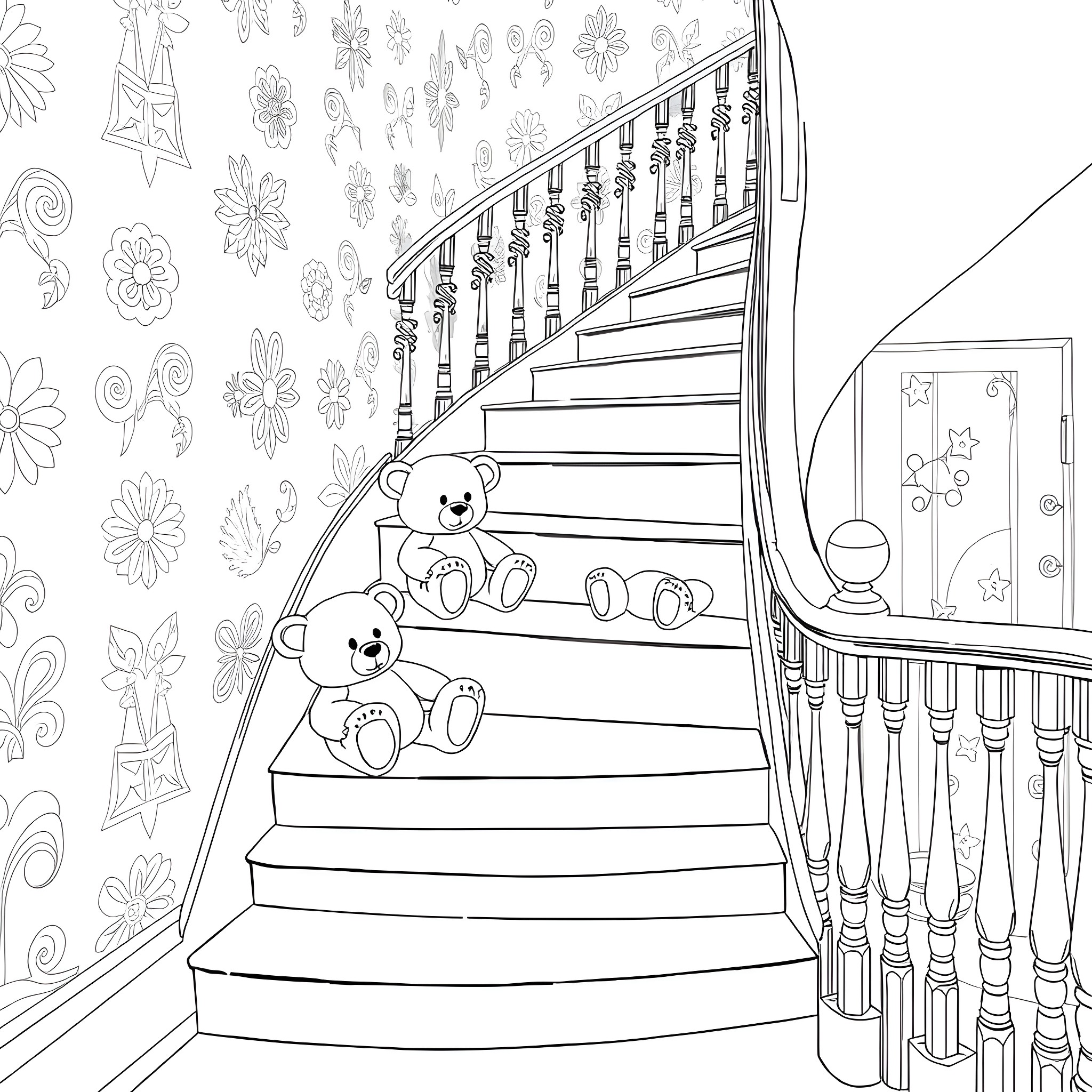 Teddy Bears on a Cozy Staircase Coloring Page (free black-and-white line drawing printable PDF for all, from beginners to advanced learners, including children, teens, adults, and seniors)