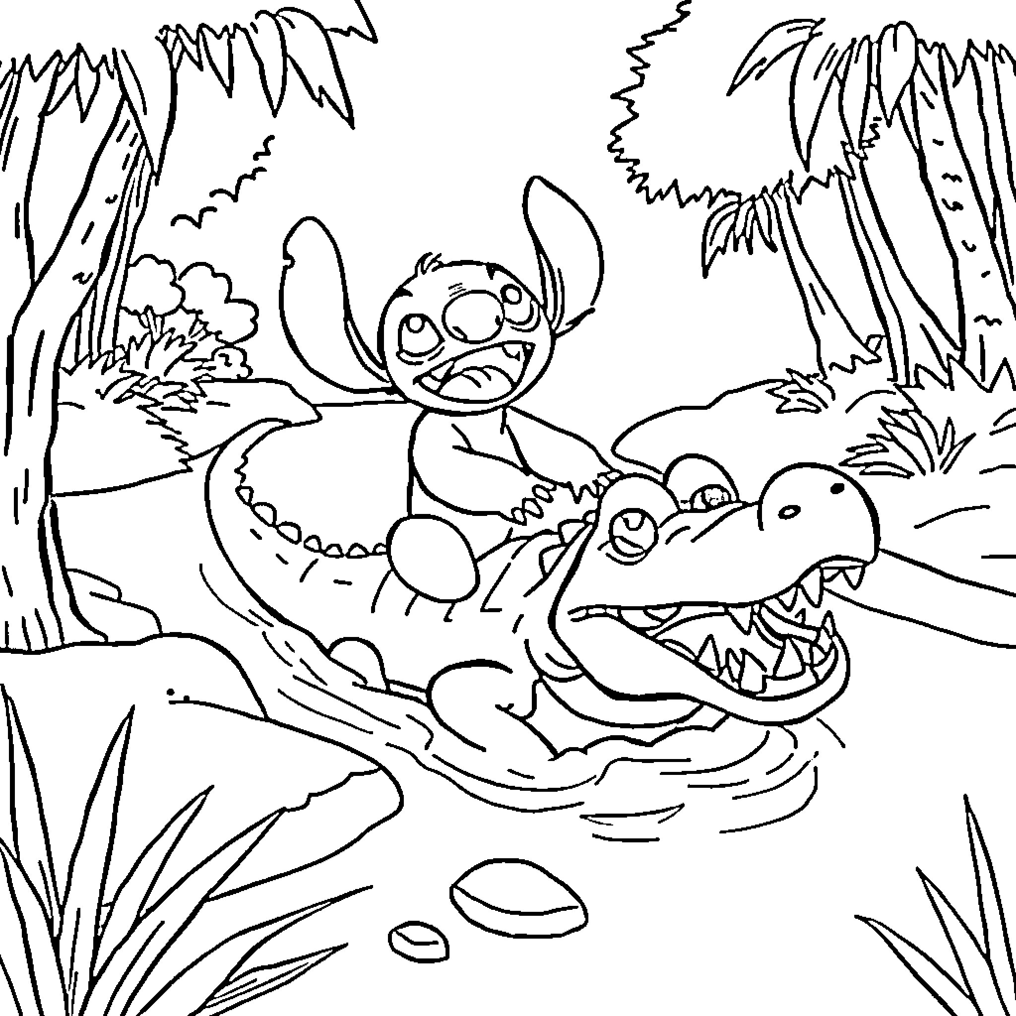Stitch riding a crocodile in the jungle Coloring Page (free black-and-white line drawing printable PDF for all, from beginners to advanced learners, including children, teens, adults, and seniors)