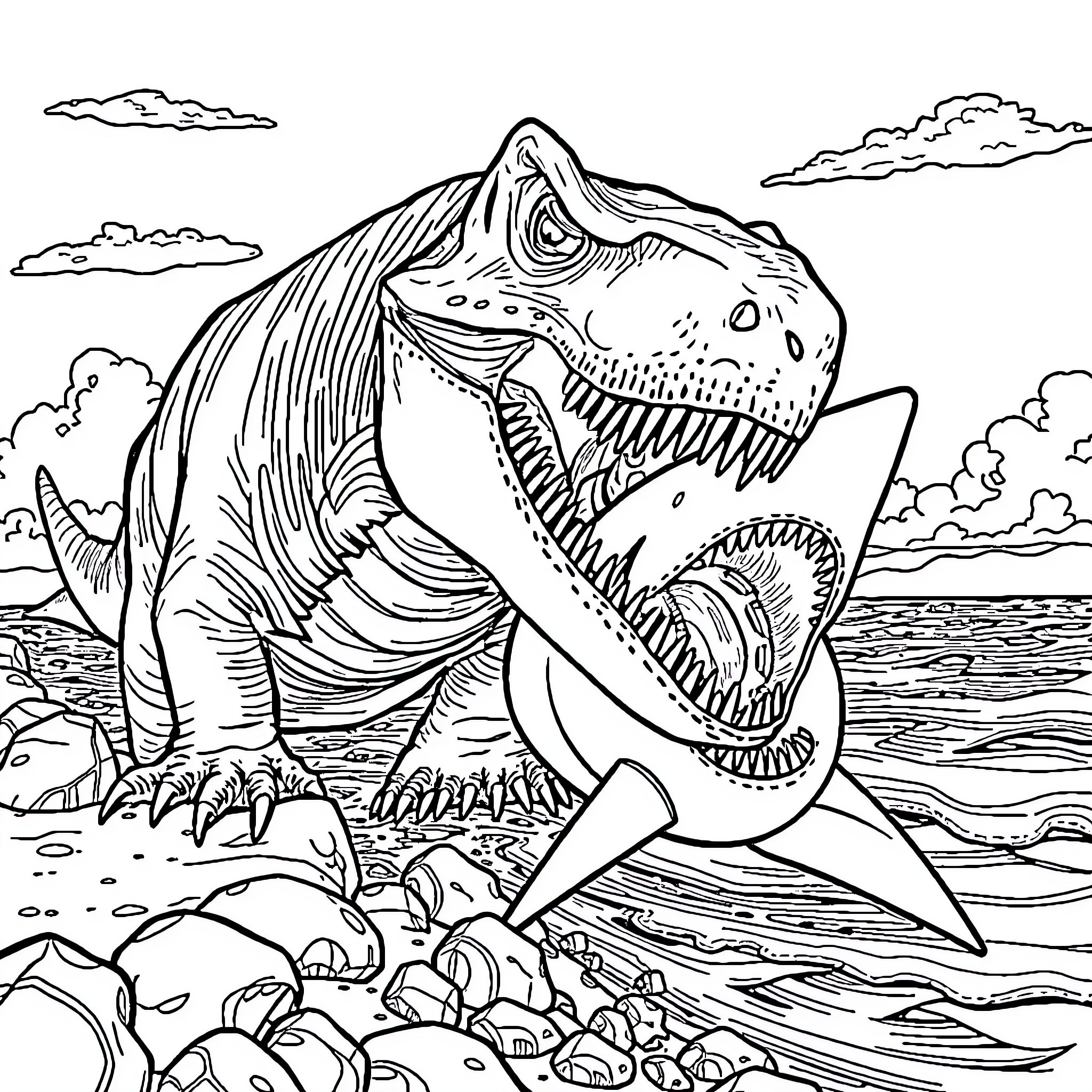 Dinosaur Devouring Prey on the Shoreline Coloring Page (free black-and-white line drawing printable PDF for all, from beginners to advanced learners, including children, teens, adults, and seniors)