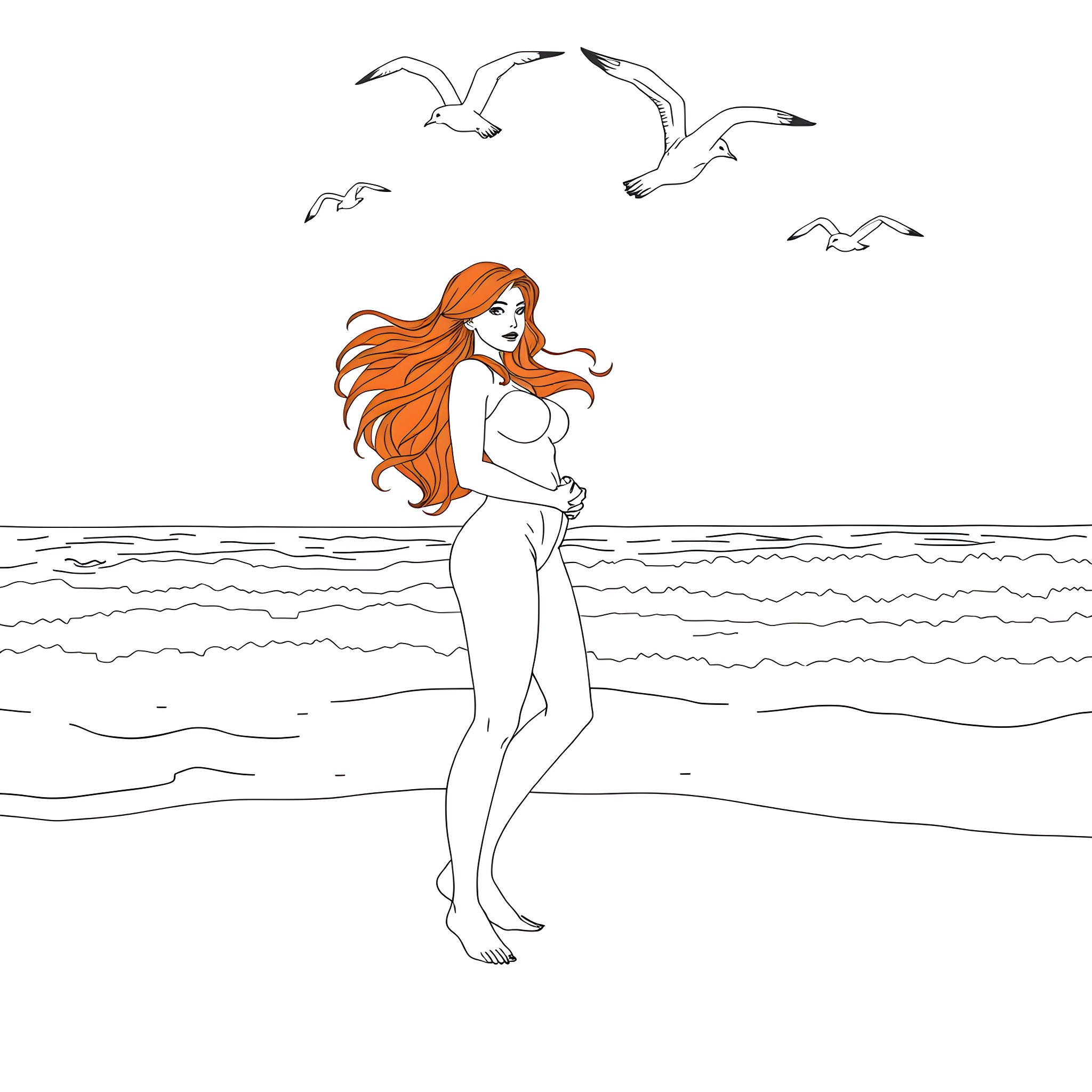 Rias Gremory standing on the beach with seagulls Coloring Page (free black-and-white line drawing printable PDF for all, from beginners to advanced learners, including children, teens, adults, and seniors)