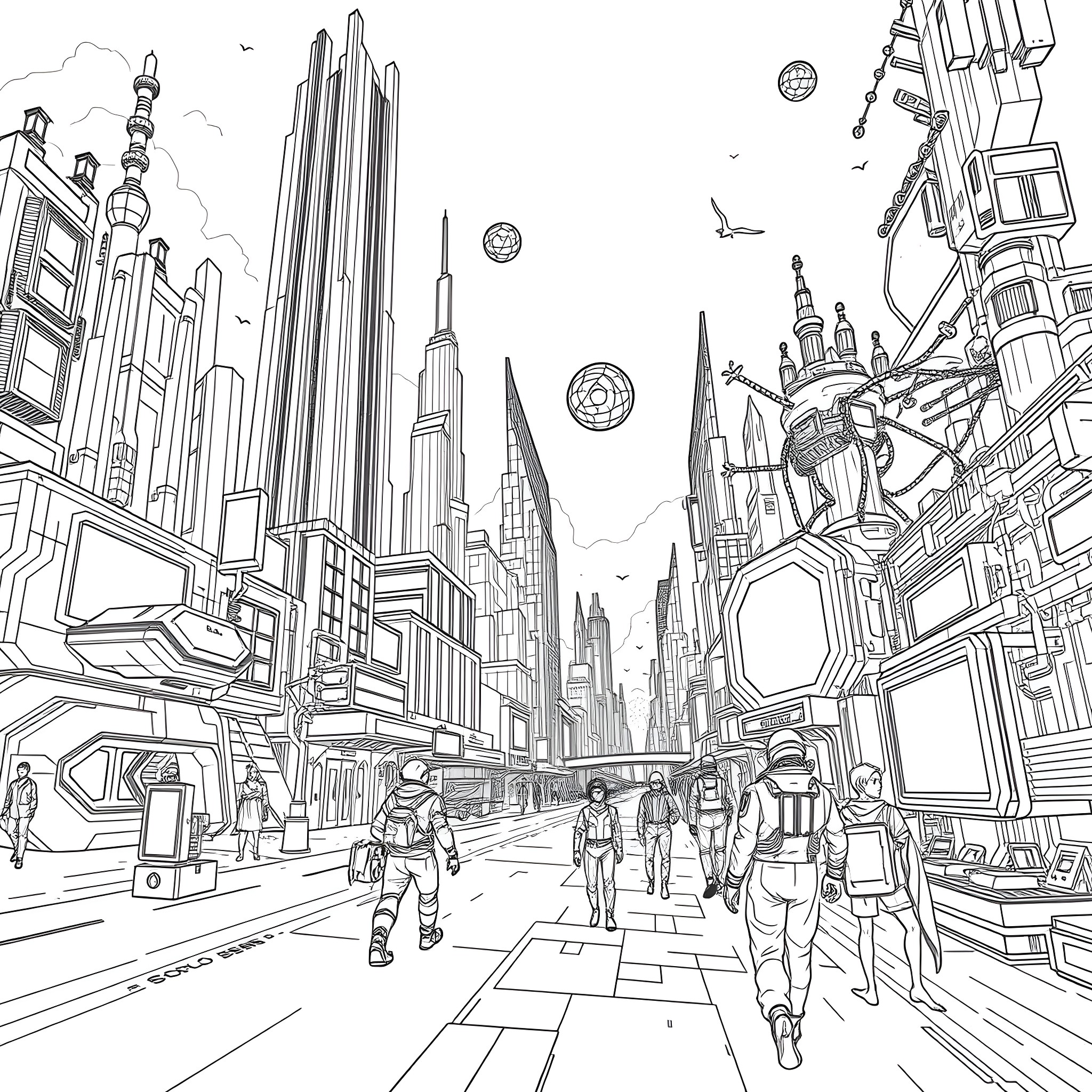 World of Futuristic City with Towering Skyscrapers Coloring Page (free black-and-white line drawing printable PDF for all, from beginners to advanced learners, including children, teens, adults, and seniors)