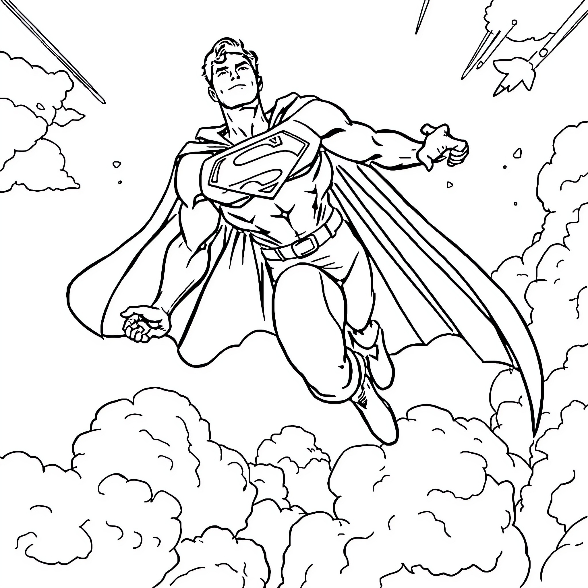 Superman flying heroically through the sky Coloring Page (free black-and-white line drawing printable PDF for all, from beginners to advanced learners, including children, teens, adults, and seniors)