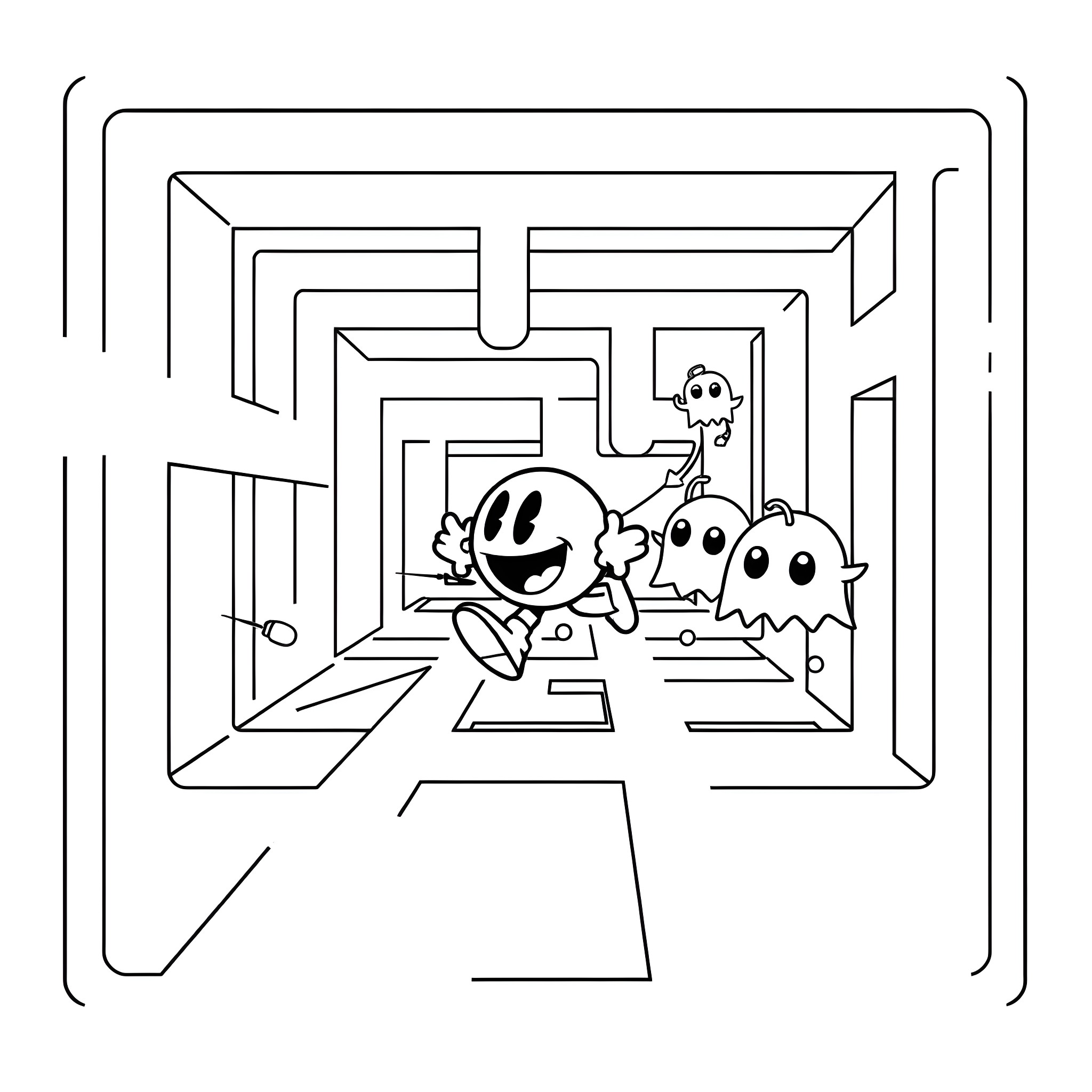 Pac-Man navigating through a maze with ghosts Coloring Page (free black-and-white line drawing printable PDF for all, from beginners to advanced learners, including children, teens, adults, and seniors)