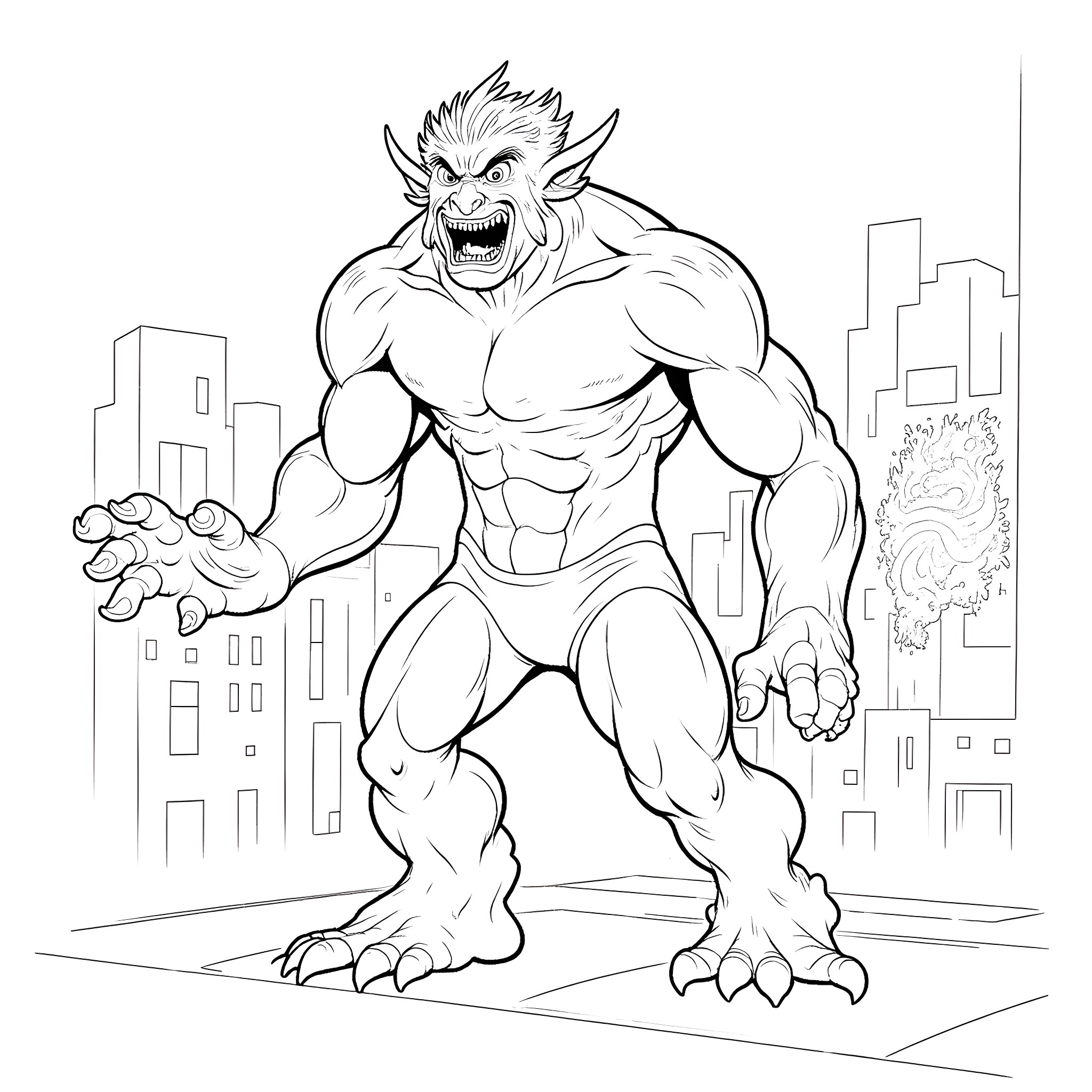 Terrax, the Powerful Mutant Monster in the City Coloring Page (free black-and-white line drawing printable PDF for all, from beginners to advanced learners, including children, teens, adults, and seniors)