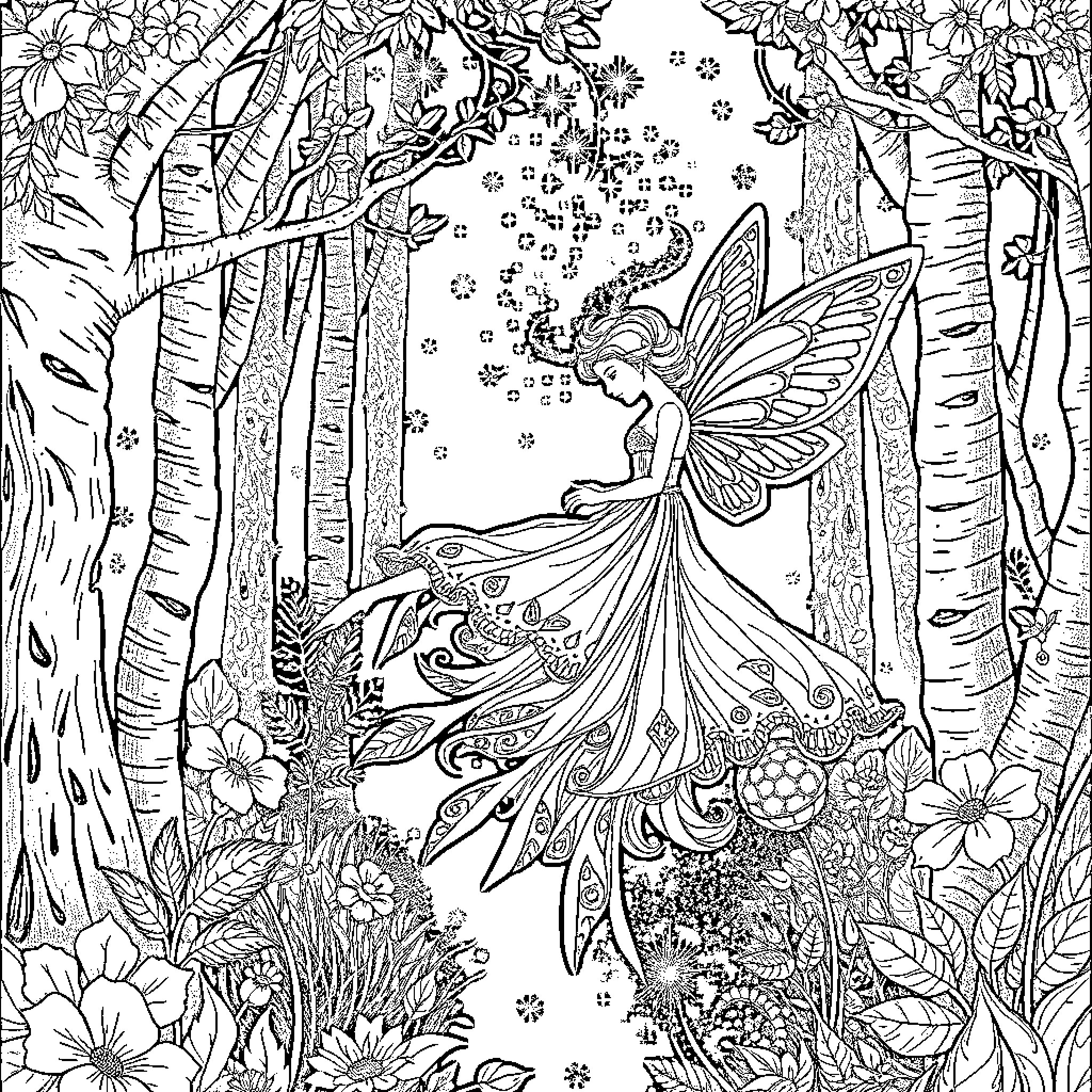 Fairy Dancing in a Magical Forest Coloring Page (free black-and-white line drawing printable PDF for all, from beginners to advanced learners, including children, teens, adults, and seniors)