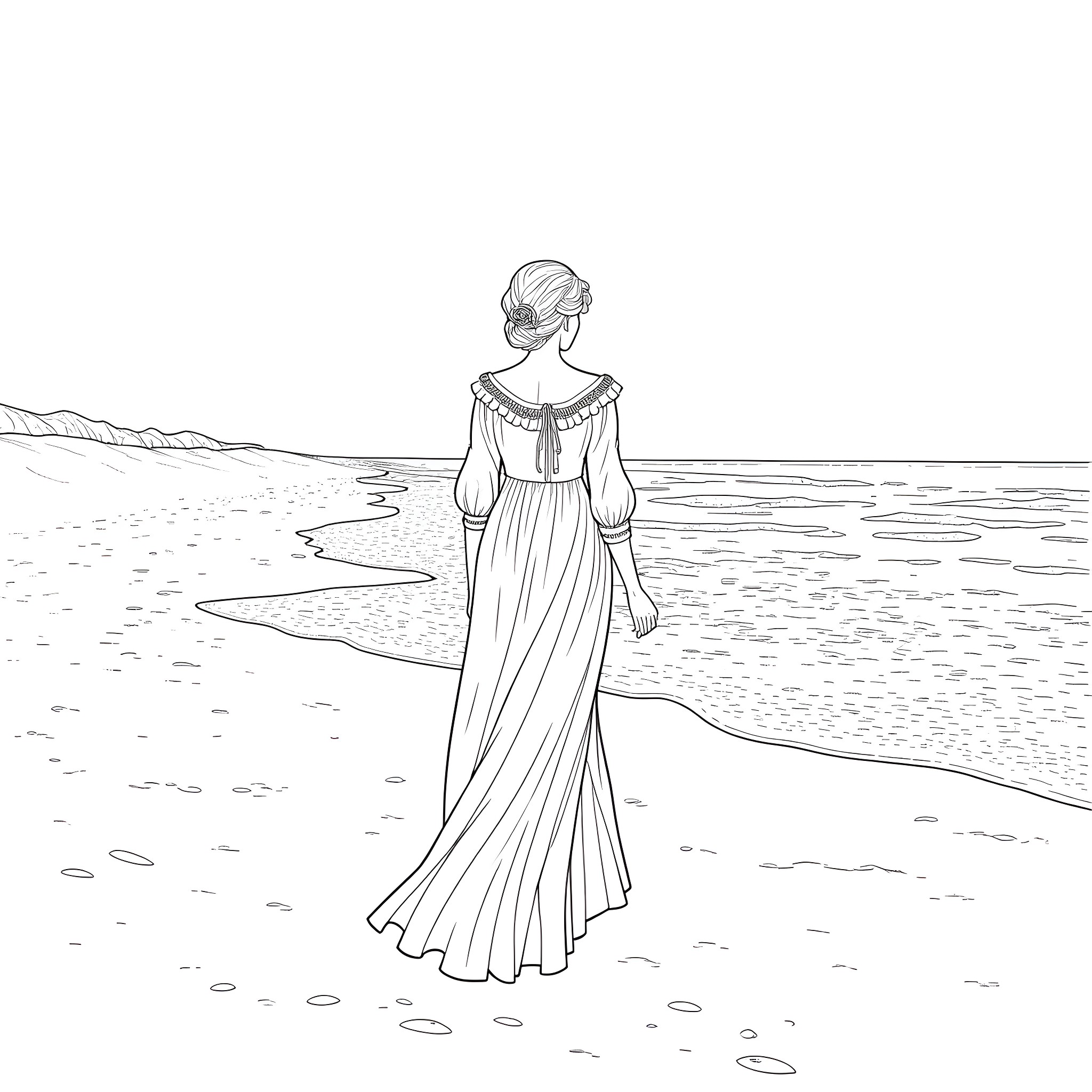 Lady walking gracefully along the beach Coloring Page (free black-and-white line drawing printable PDF for all, from beginners to advanced learners, including children, teens, adults, and seniors)
