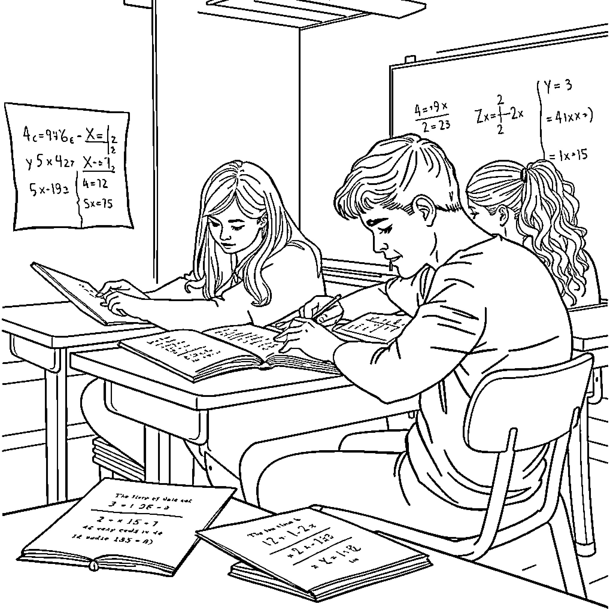 Students engaged in classroom learning and study Coloring Page (free black-and-white line drawing printable PDF for all, from beginners to advanced learners, including children, teens, adults, and seniors)