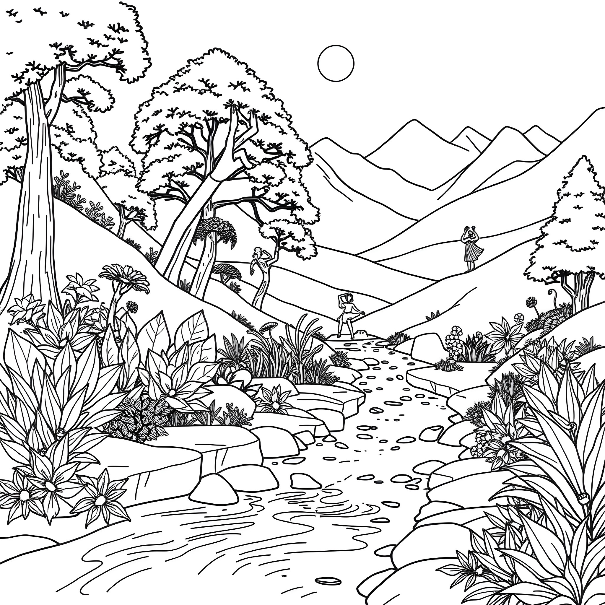 Health in the Tranquil Wilderness Coloring Page (free black-and-white line drawing printable PDF for all, from beginners to advanced learners, including children, teens, adults, and seniors)