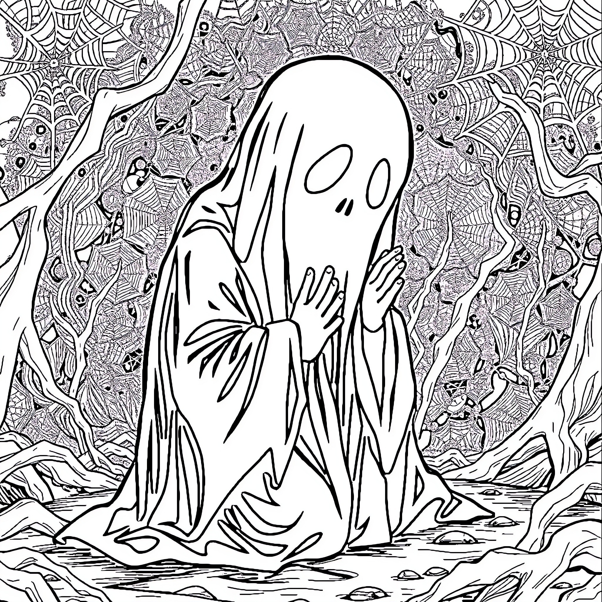 Ghost haunting a spooky, intricate world Coloring Page (free black-and-white line drawing printable PDF for all, from beginners to advanced learners, including children, teens, adults, and seniors)