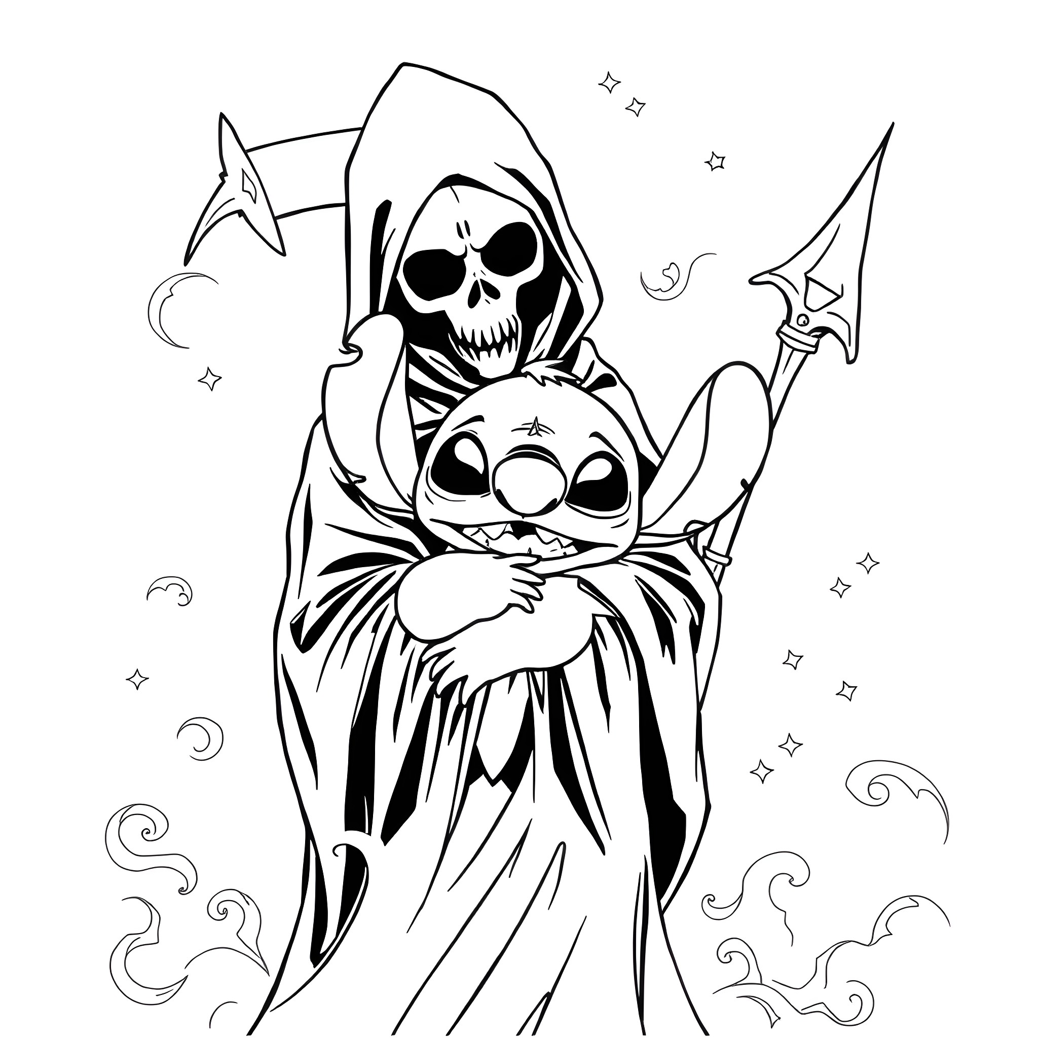 Stitch with Grim Reaper in Mystical Atmosphere Coloring Page (free black-and-white line drawing printable PDF for all, from beginners to advanced learners, including children, teens, adults, and seniors)