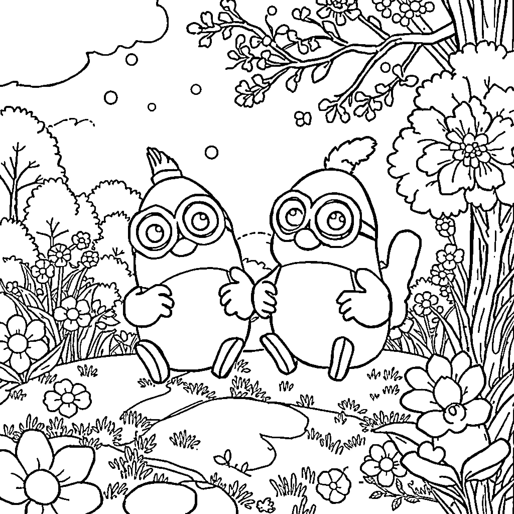 Minions exploring a floral garden Coloring Page (free black-and-white line drawing printable PDF for all, from beginners to advanced learners, including children, teens, adults, and seniors)