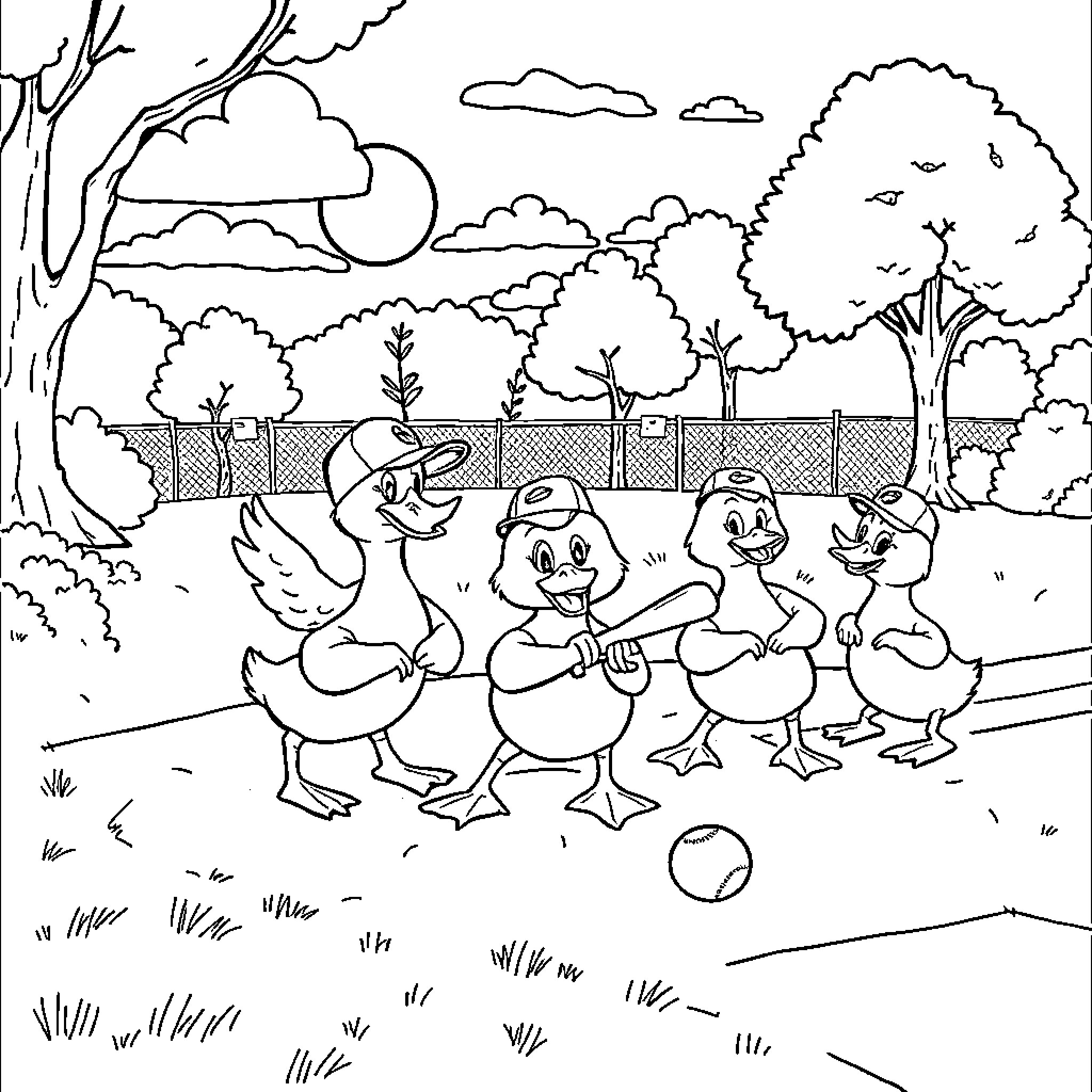 Duck family enjoying a day out in the park Coloring Page (free black-and-white line drawing printable PDF for all, from beginners to advanced learners, including children, teens, adults, and seniors)