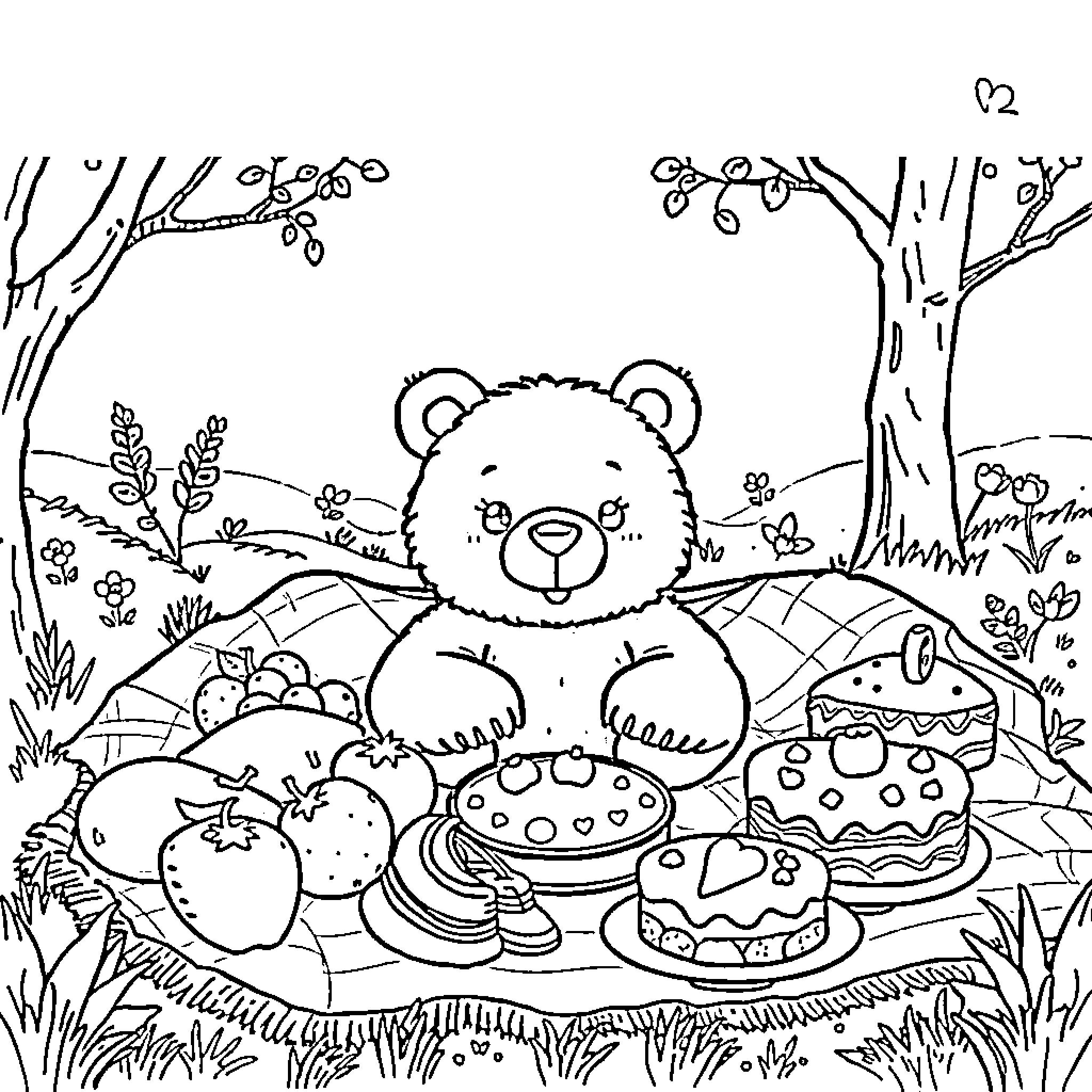 Bear enjoying a picnic in the forest Coloring Page (free black-and-white line drawing printable PDF for all, from beginners to advanced learners, including children, teens, adults, and seniors)