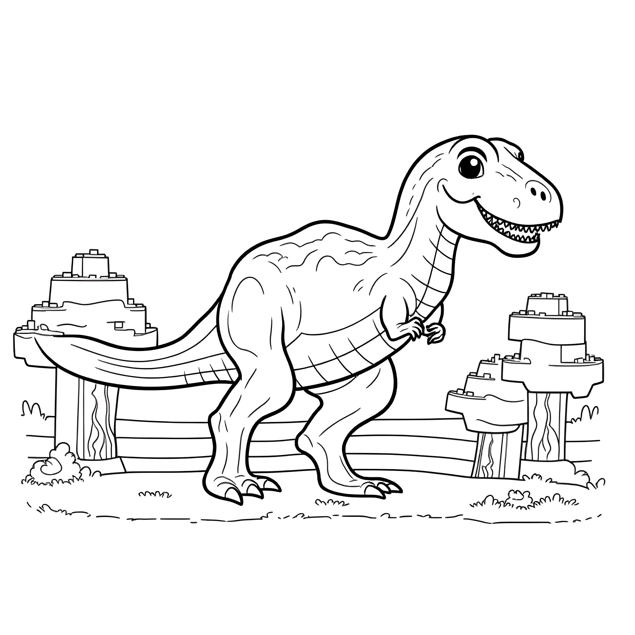 T-Rex roaring in prehistoric setting Coloring Page (free black-and-white line drawing printable PDF for all, from beginners to advanced learners, including children, teens, adults, and seniors)