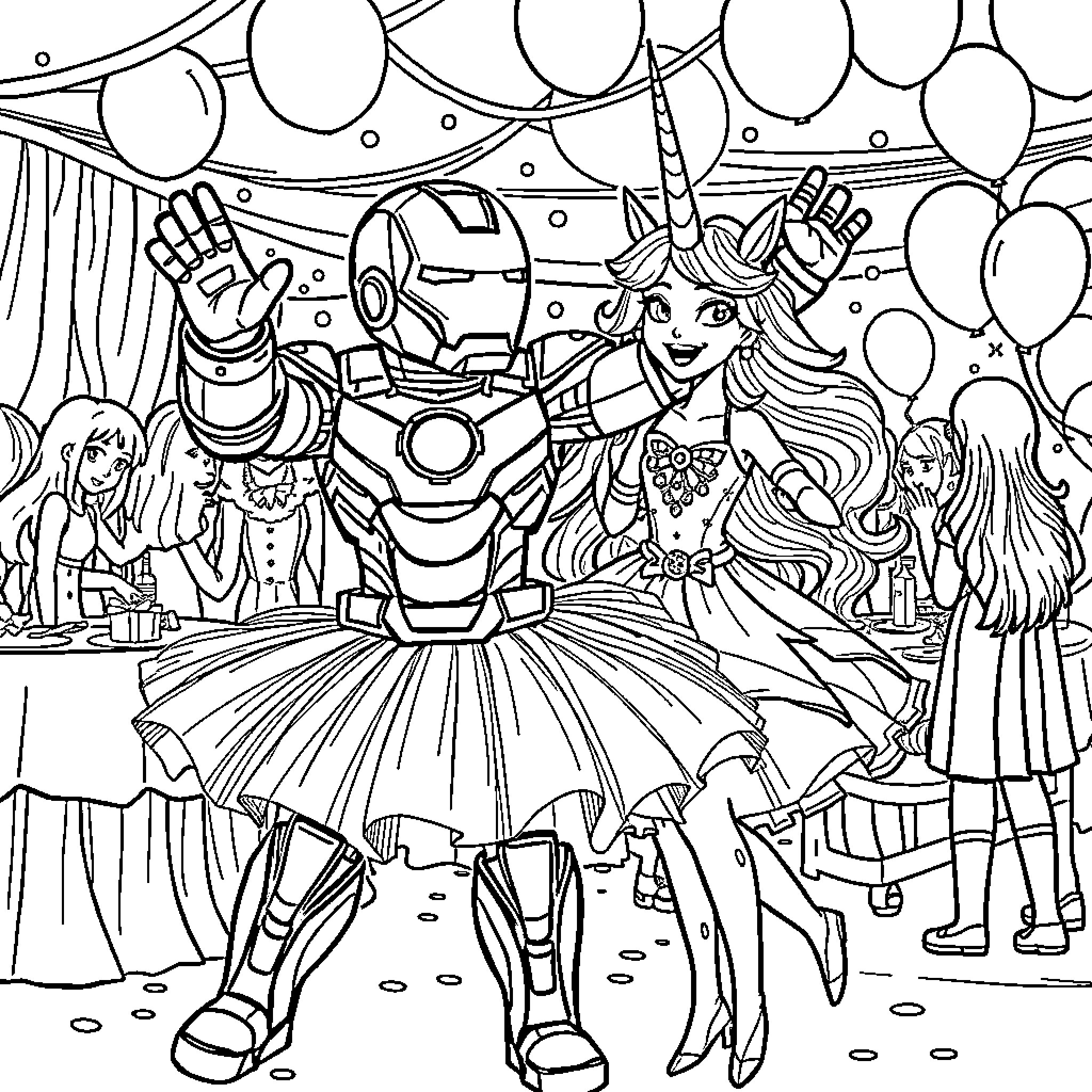 Ironman at a Festive Celebration with Unicorns Coloring Page (free black-and-white line drawing printable PDF for all, from beginners to advanced learners, including children, teens, adults, and seniors)