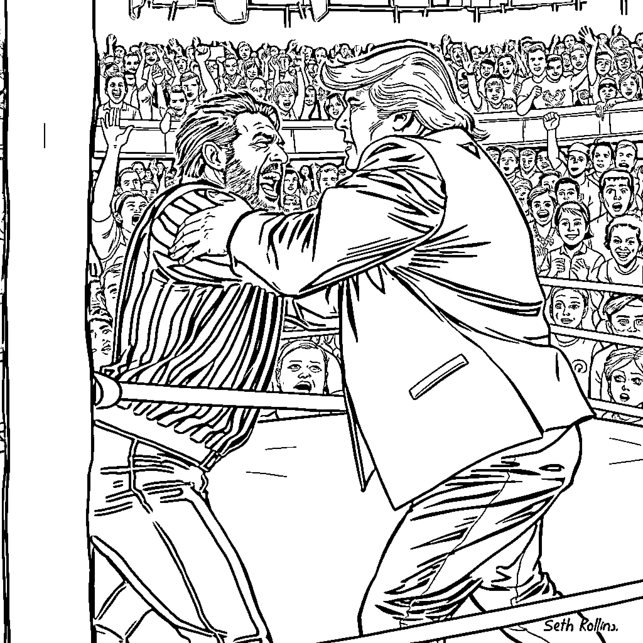 Seth Rollins and opponent engaged in intense wrestling match Coloring Page (free black-and-white line drawing printable PDF for all, from beginners to advanced learners, including children, teens, adults, and seniors)