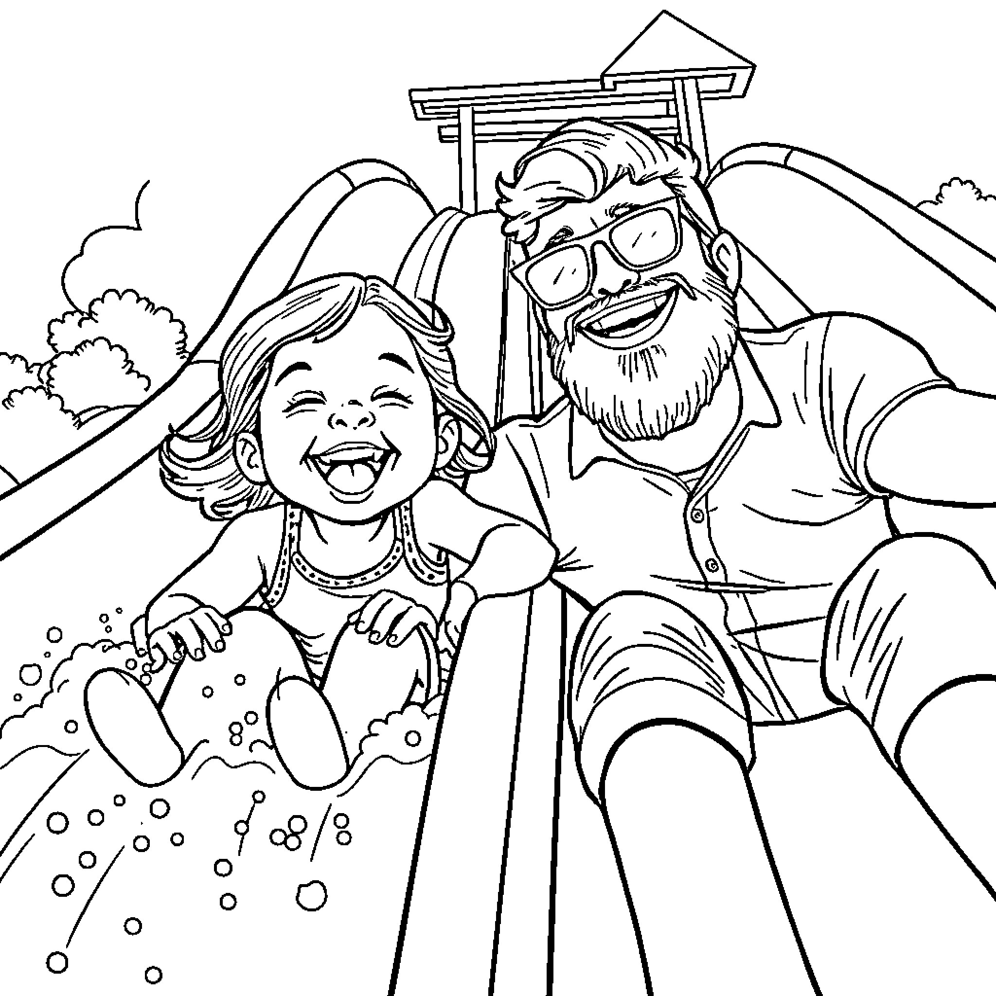 Girl Playing with Bearded Man in Playground Coloring Page (free black-and-white line drawing printable PDF for all, from beginners to advanced learners, including children, teens, adults, and seniors)