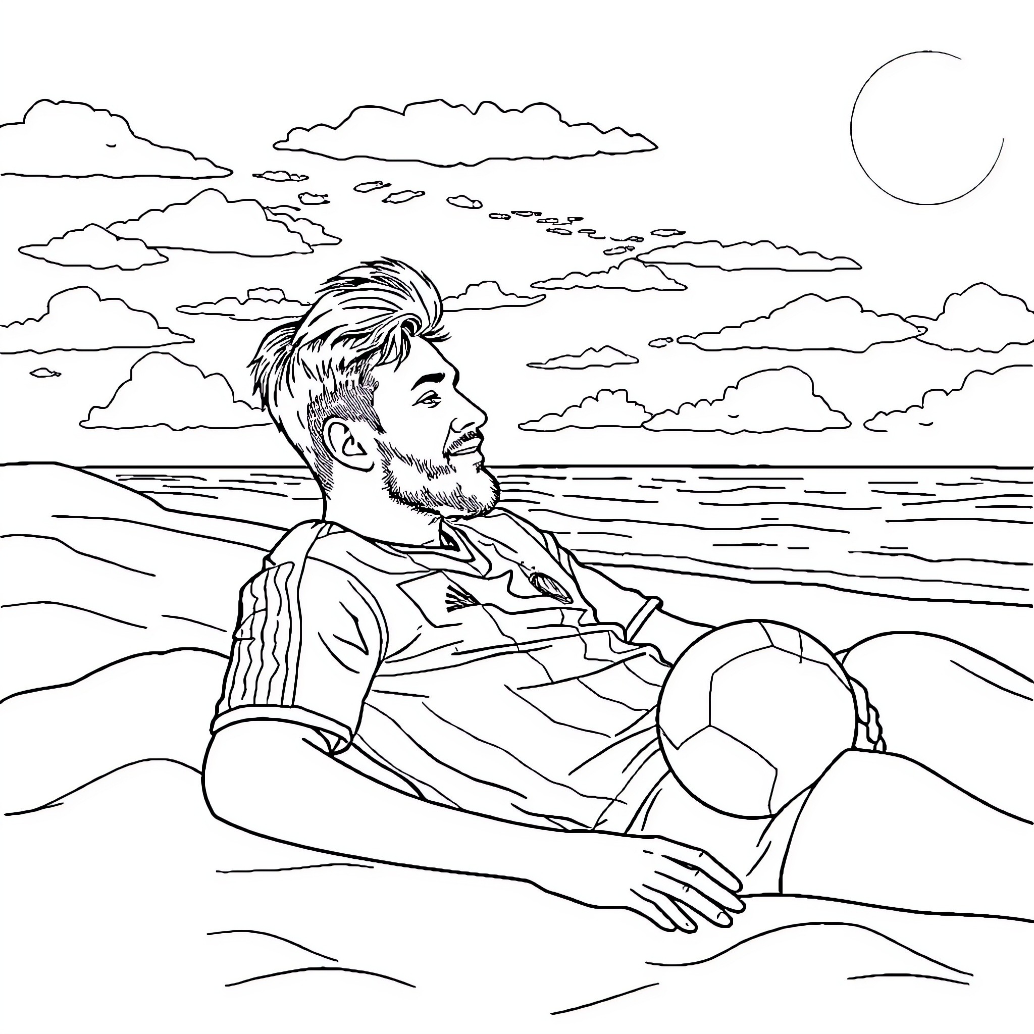 Messi relaxing on the beach during sunset Coloring Page (free black-and-white line drawing printable PDF for all, from beginners to advanced learners, including children, teens, adults, and seniors)