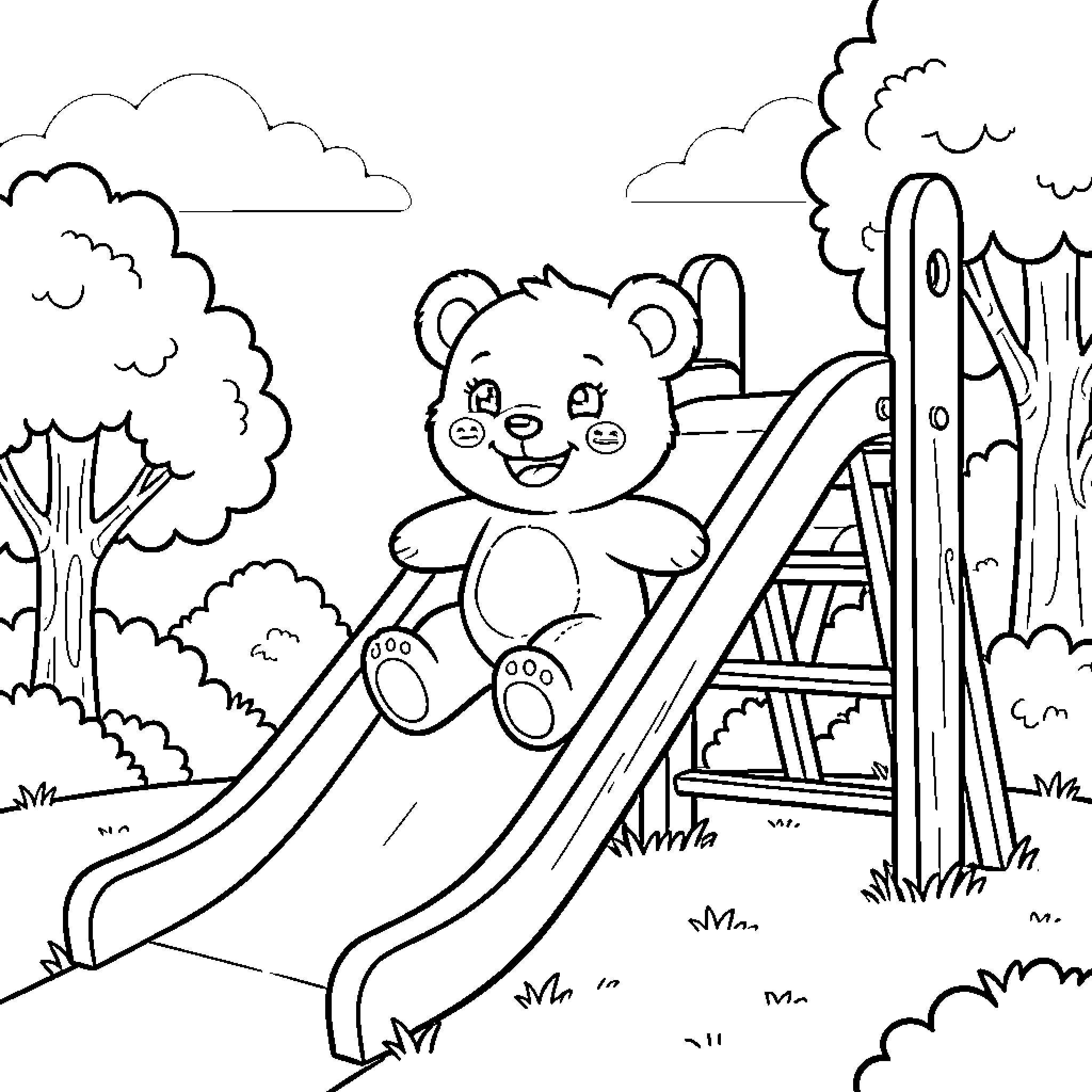 Osito playing on a slide in the park Coloring Page (free black-and-white line drawing printable PDF for all, from beginners to advanced learners, including children, teens, adults, and seniors)