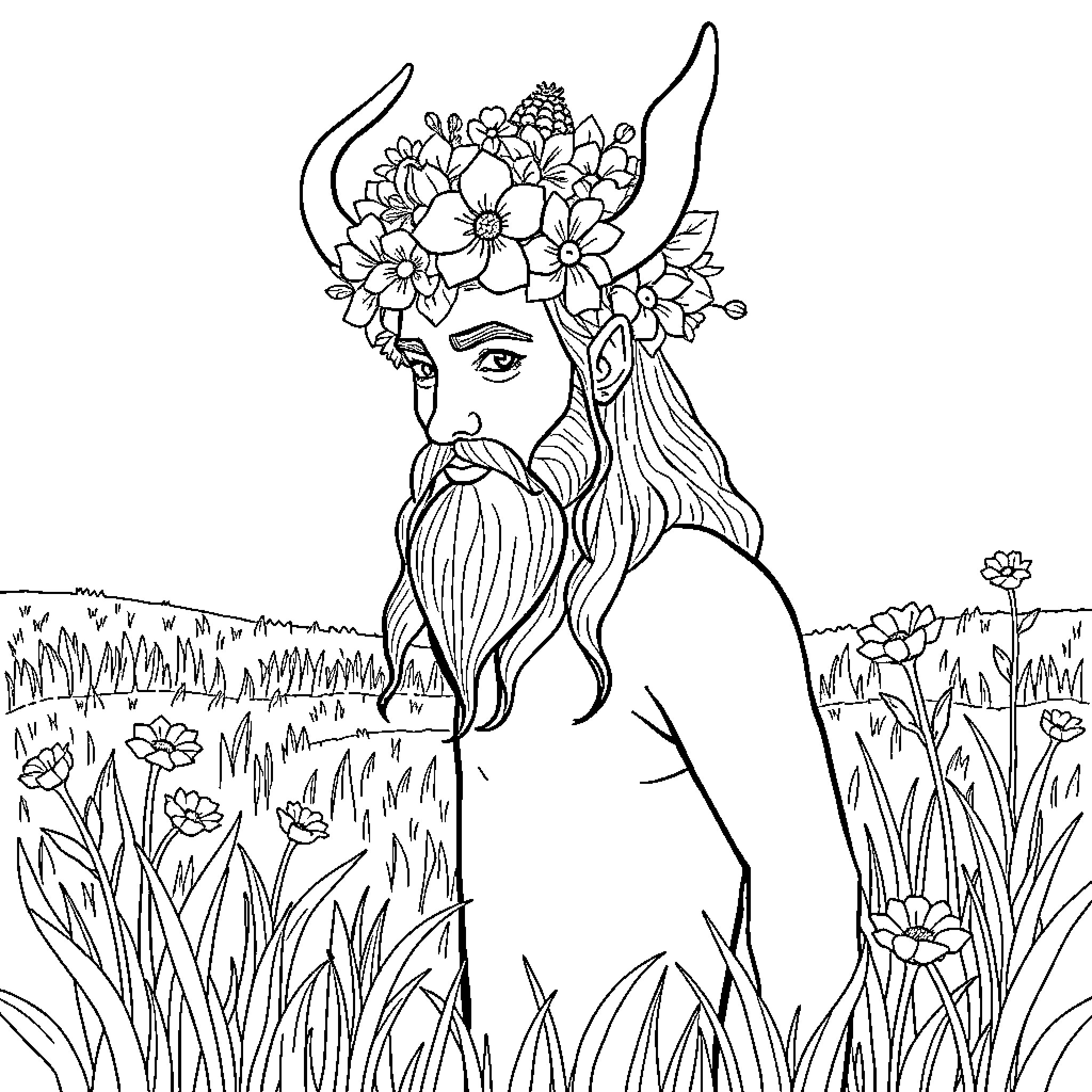 Loki in a floral field with a crown of flowers Coloring Page (free black-and-white line drawing printable PDF for all, from beginners to advanced learners, including children, teens, adults, and seniors)