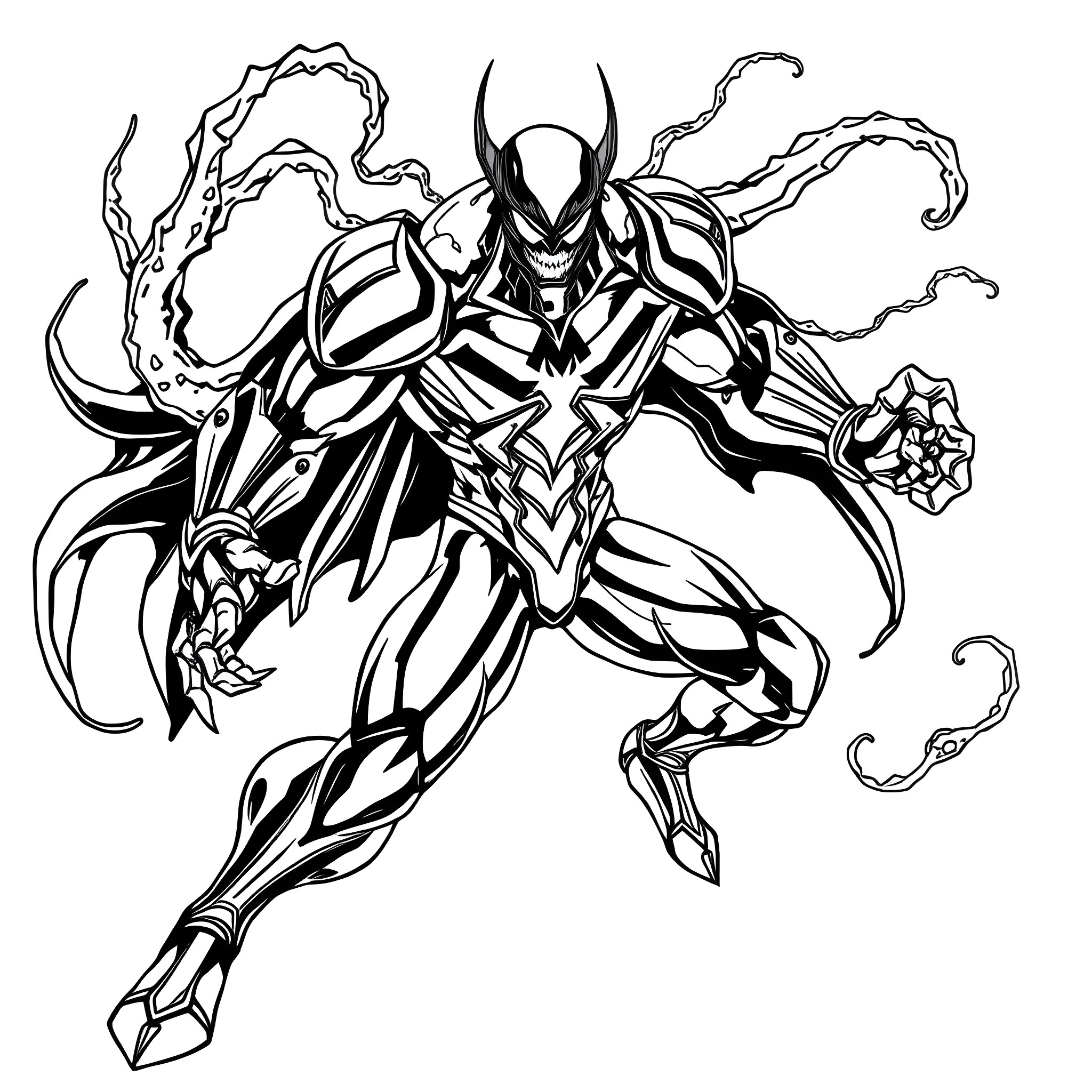 Iron Venom: Powerful Superhero in Action Coloring Page (free black-and-white line drawing printable PDF for all, from beginners to advanced learners, including children, teens, adults, and seniors)
